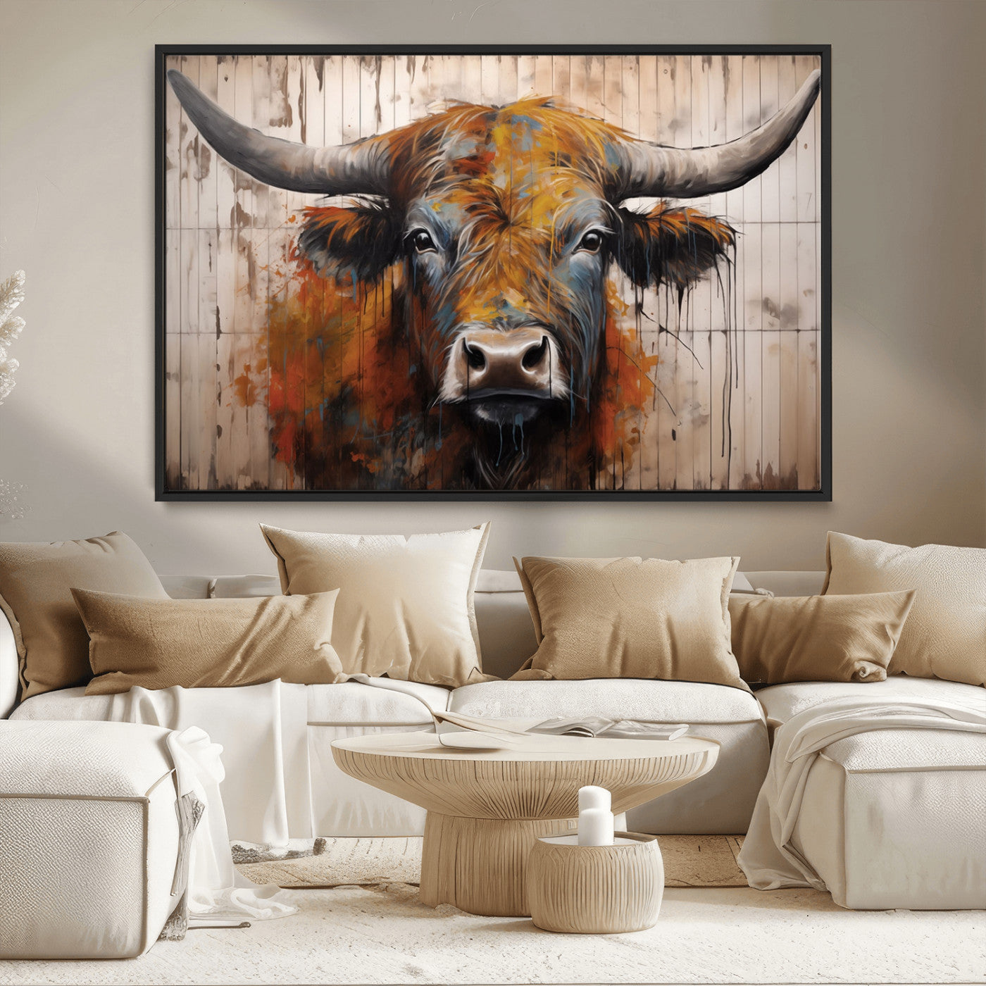 47284-MGV-CV-36X24-Abstract Bull Highland Cow Canvas Wall Art Print – Vibrant Rustic Charm in Modern Farmhouse Decor –