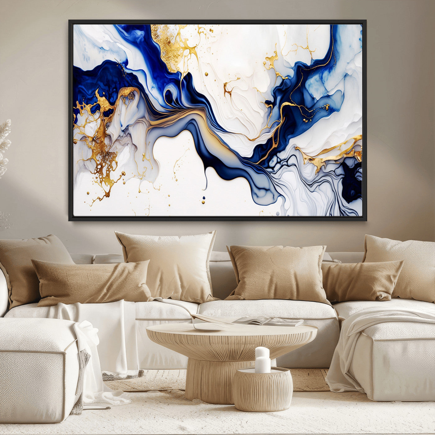 93392-MGV-CV-36X24-Golden Cascades on Midnight Blue – Deep Blue Abstract Wall Art Flowing Elegance | Wall Art Canvas,