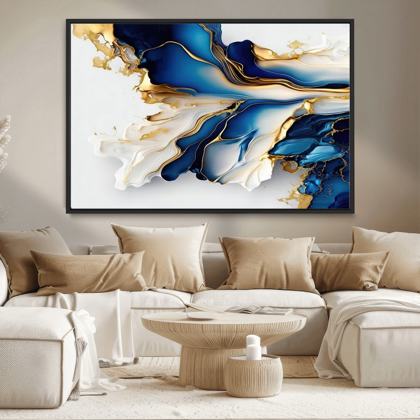 65693-MGV-CV-36X24-Gold Marble Art - Abstract Geode Gold And Blue Marble Shape 3 Pieces Wall Art Canvas Print