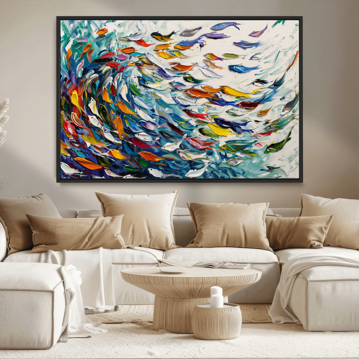 80105-MGV-CV-36X24-Modern Abstract Fish Shoal Wall Art Canvas Print, Colorful Fish Herd Painting on Canvas Print, Ocean