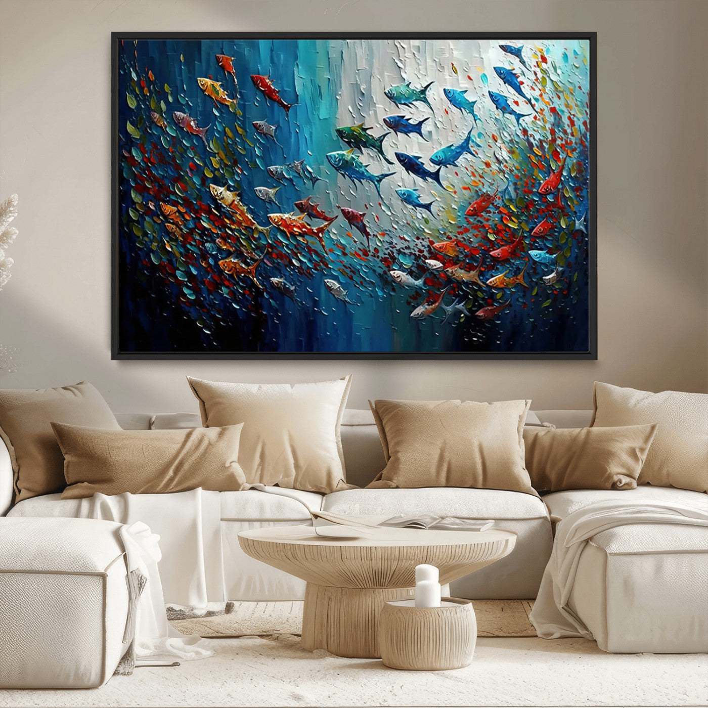-Modern Abstract Fish Shoal Wall Art Canvas Print, Colorful Fish Herd Painting on Canvas Print, Ocean
