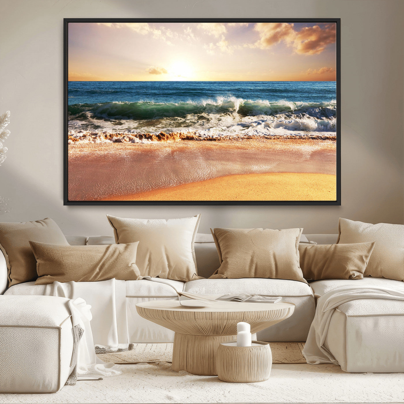 42011-MGV-CV-36X24-Sunset Beach Wall Art - 3-Panel Framed Canvas Print, Ready to Hang Ocean Sunset for Coastal and