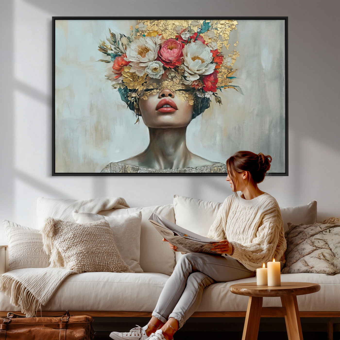 26919-MGV-CV-36X24 - Golden Petal Wall Art Canvas Print - Silhouette Woman Wall Art Canvas Print, Floral Woman Portrait