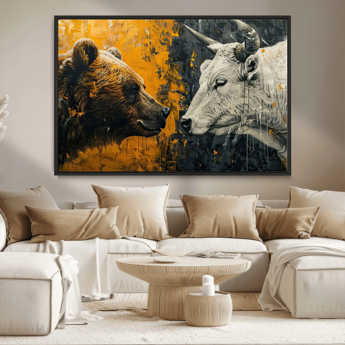 Bear and Bull Wall Art Canvas Print, Abstract Animal Portrait for Modern Home Decor