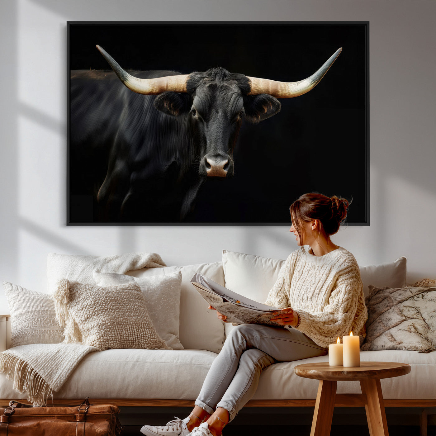 63798-MGV-CV-36X24 - Texas Longhorn Cow | Majestic Black Bull Wall Art Canvas Print - Farmhouse Animal Decor - Ready to