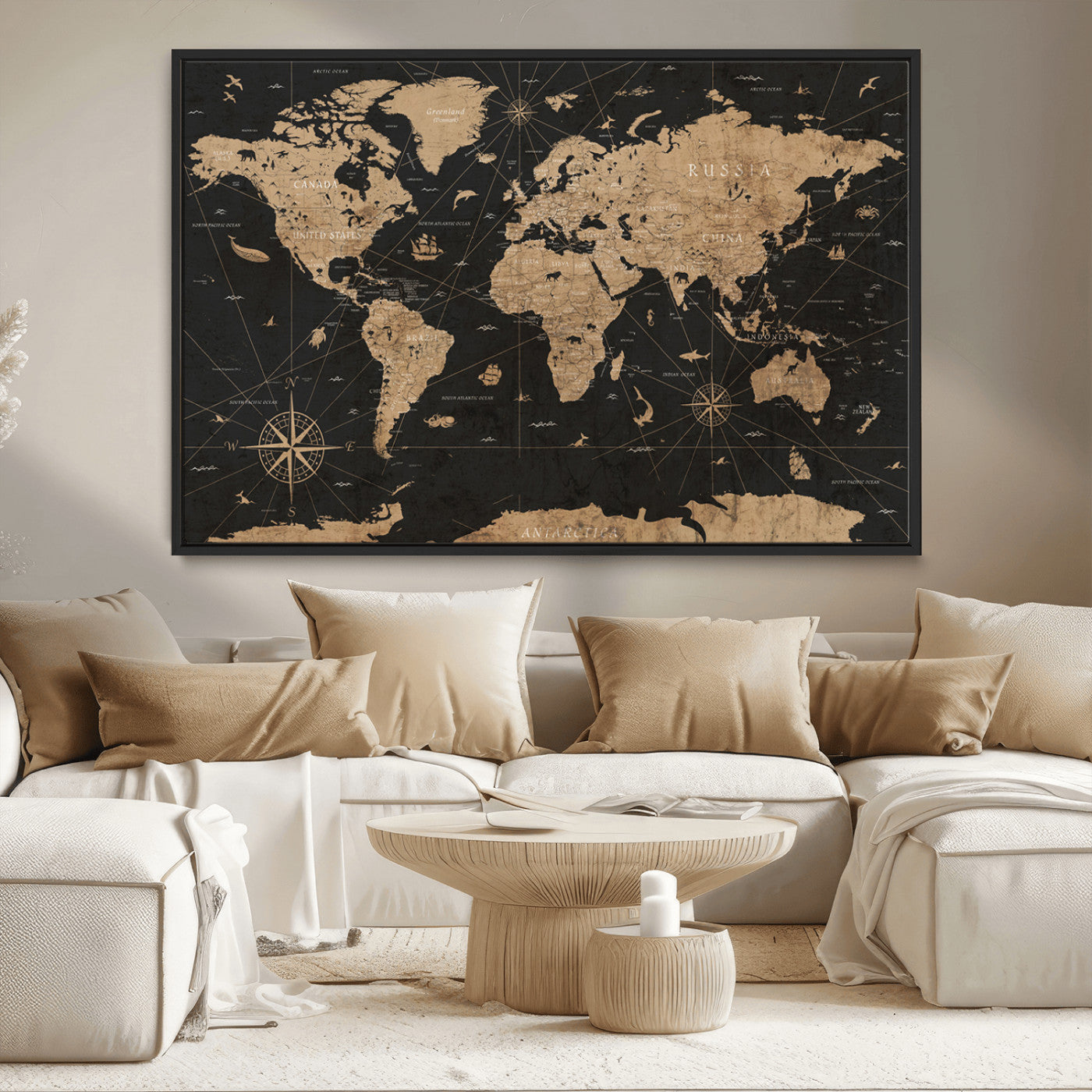61023-MGV-CV-36X24-Vintage Push Pin World Map Canvas Print – Framed Travel Tracker Wall Art, Rustic Adventure Map Gift for Home or Office Decor