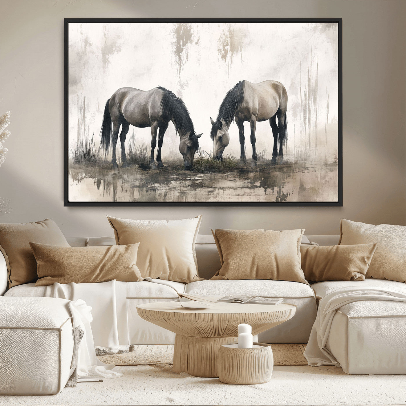 -Chines Ink Style Vintage Horses Wall Art Canvas Print for Farmhouse Wall Decor