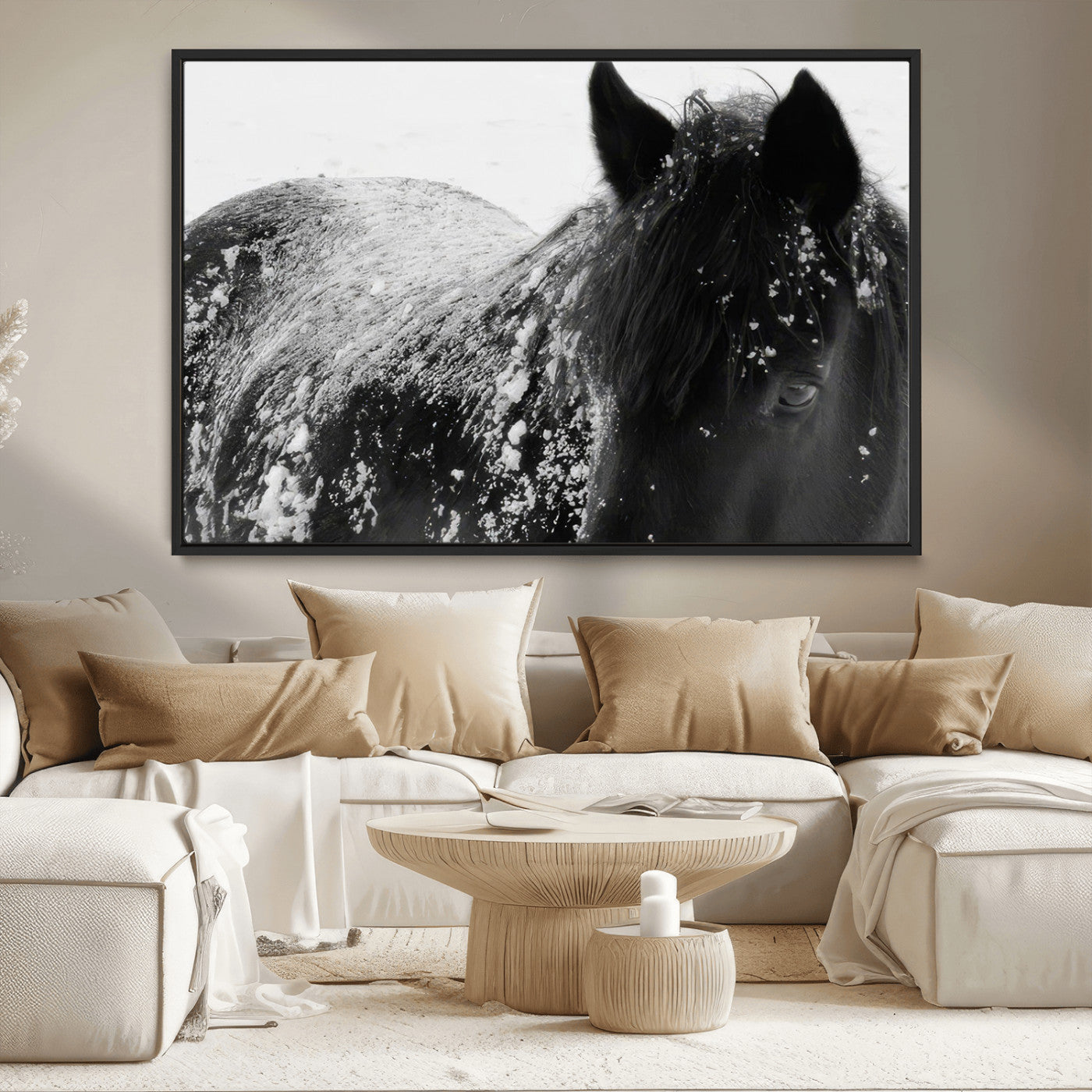 -Black Horse in Snow Canvas Print | Winter Horse Wall Art | Ready to Hang and Framed | Farmhouse Wall