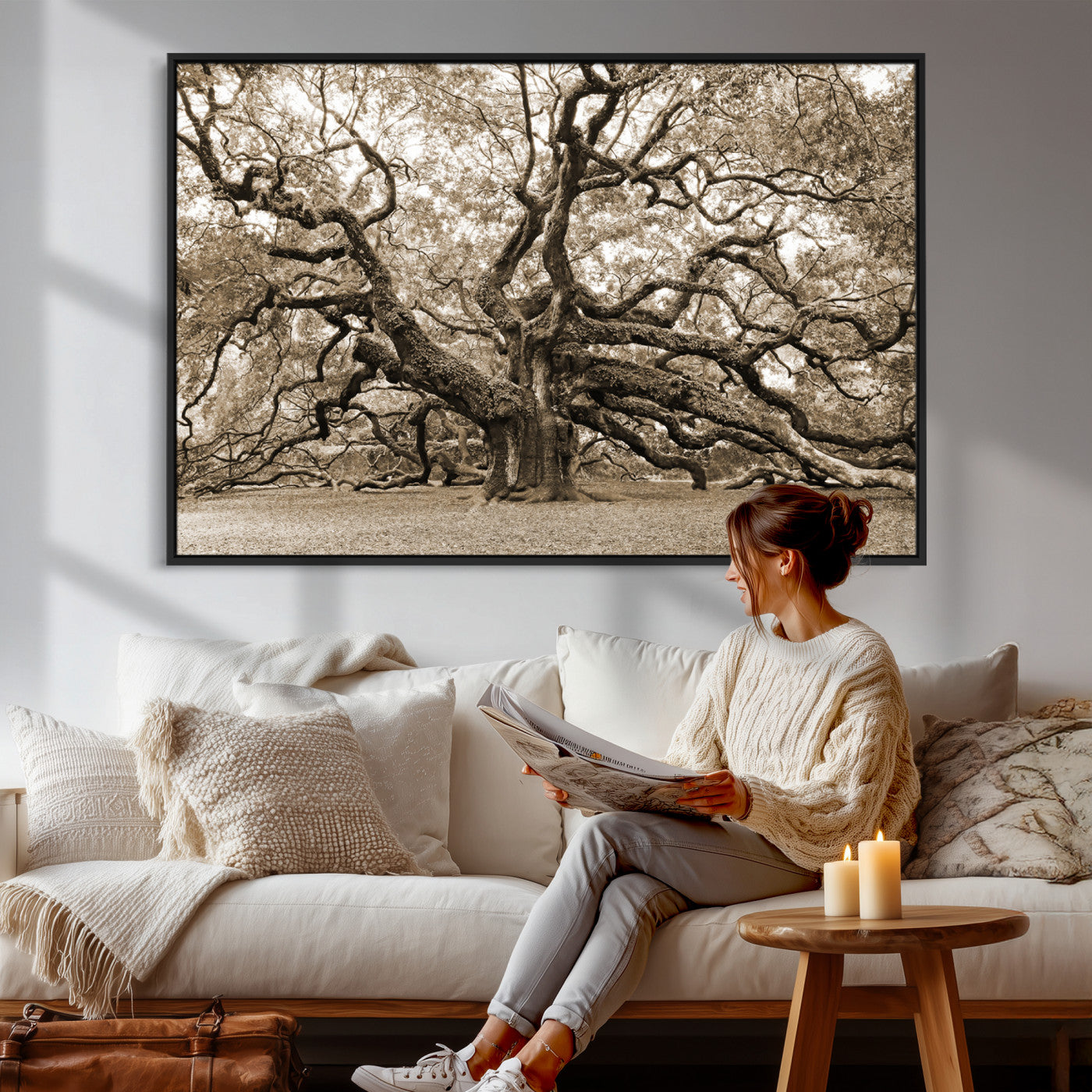 51126-MGV-CV-36X24 - Sepia Framed Angel Oak Tree Wall Art - 3-Panel Canvas Prints, Large Green Nature Artwork, Ready to