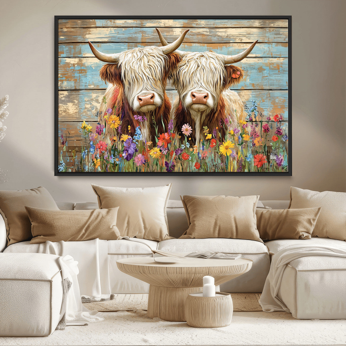 36972-MGV-CV-36X24 - Cute Highland Cow Canvas Wall Art - Rustic Farmhouse Decor with Colorful Flowers Perfect Wall Art
