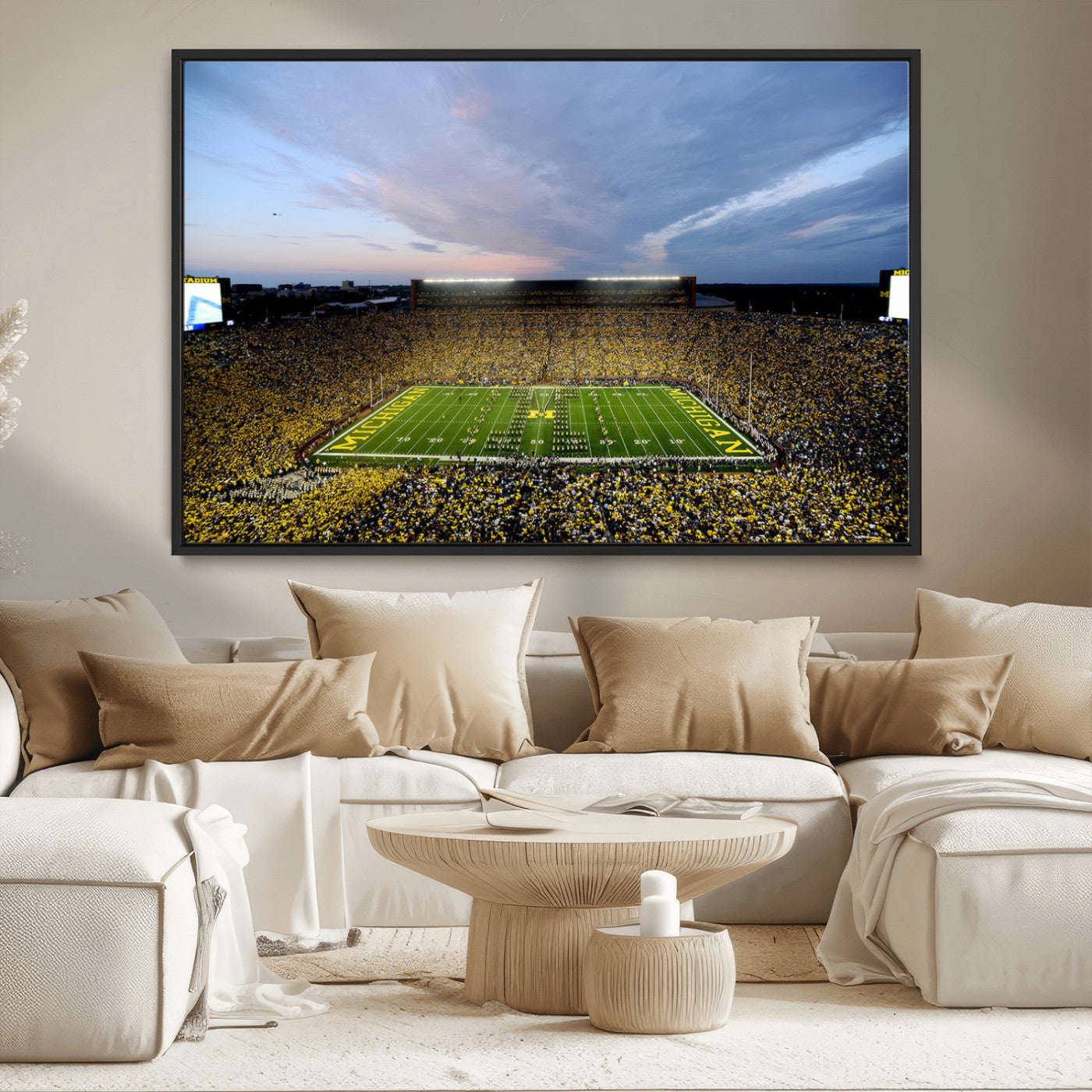 82641-MGV-CV-36X24-Michigan Stadium Wall Art Canvas Print – Framed Football Field Scene with Marching Band Artwork for Home, Office