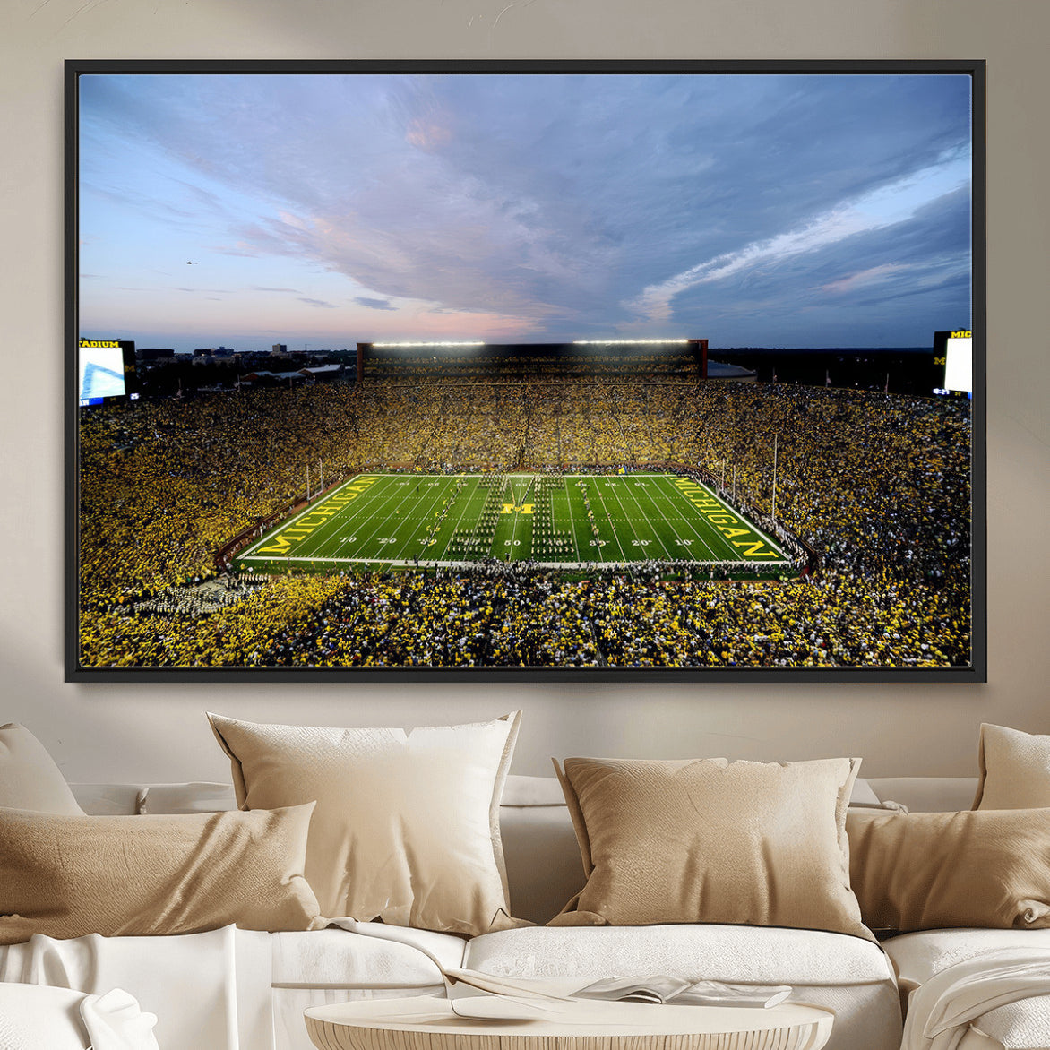 82641-MGV-FC-36X24 - Michigan Stadium Wall Art Canvas Print, Vibrant Game Day Crowd and Sunset Sky Football Field Artwork for Home, Office