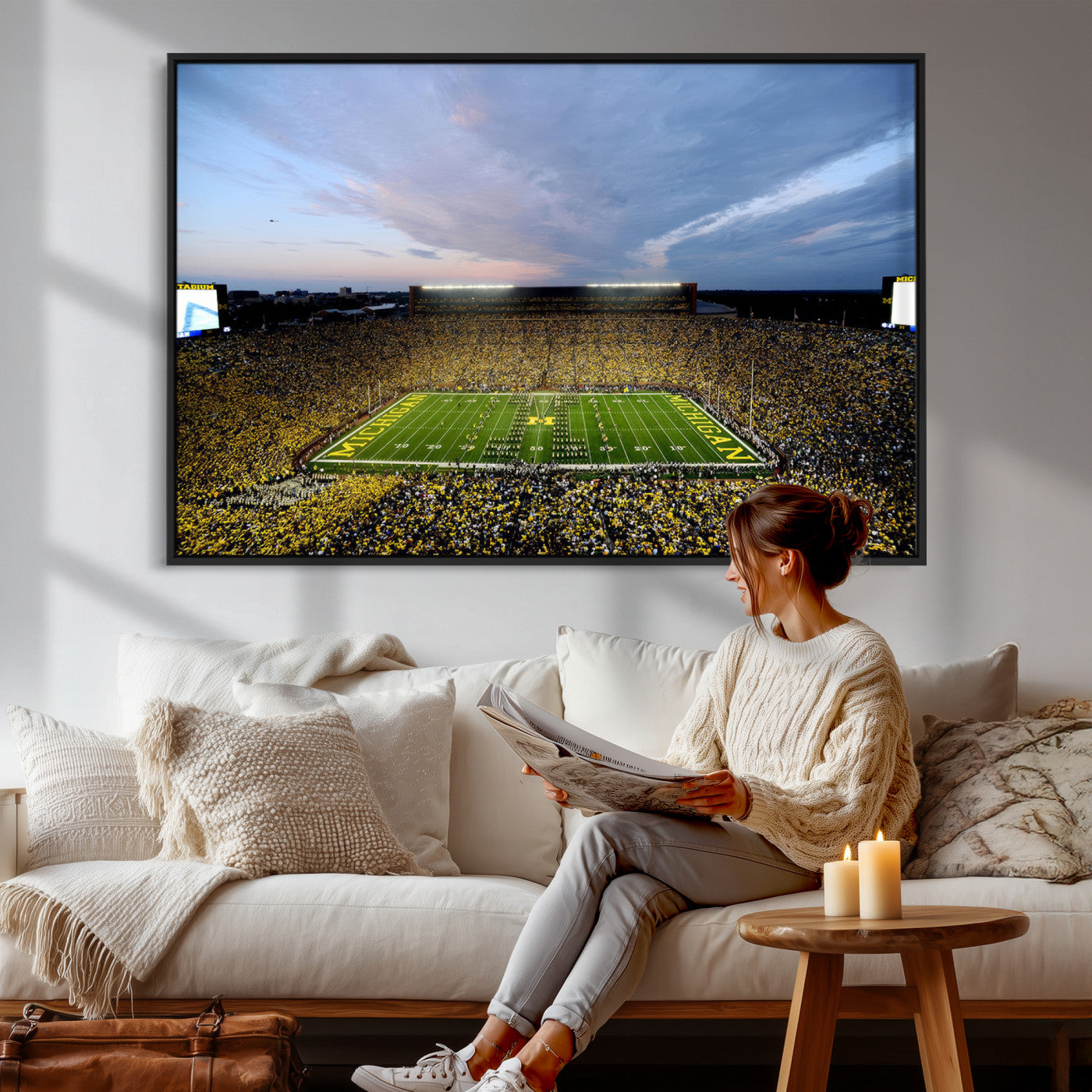 82641-MGV-CV-36X24 - Michigan Stadium Wall Art Canvas Print, Vibrant Game Day Crowd and Sunset Sky Football Field Artwork for Home, Office