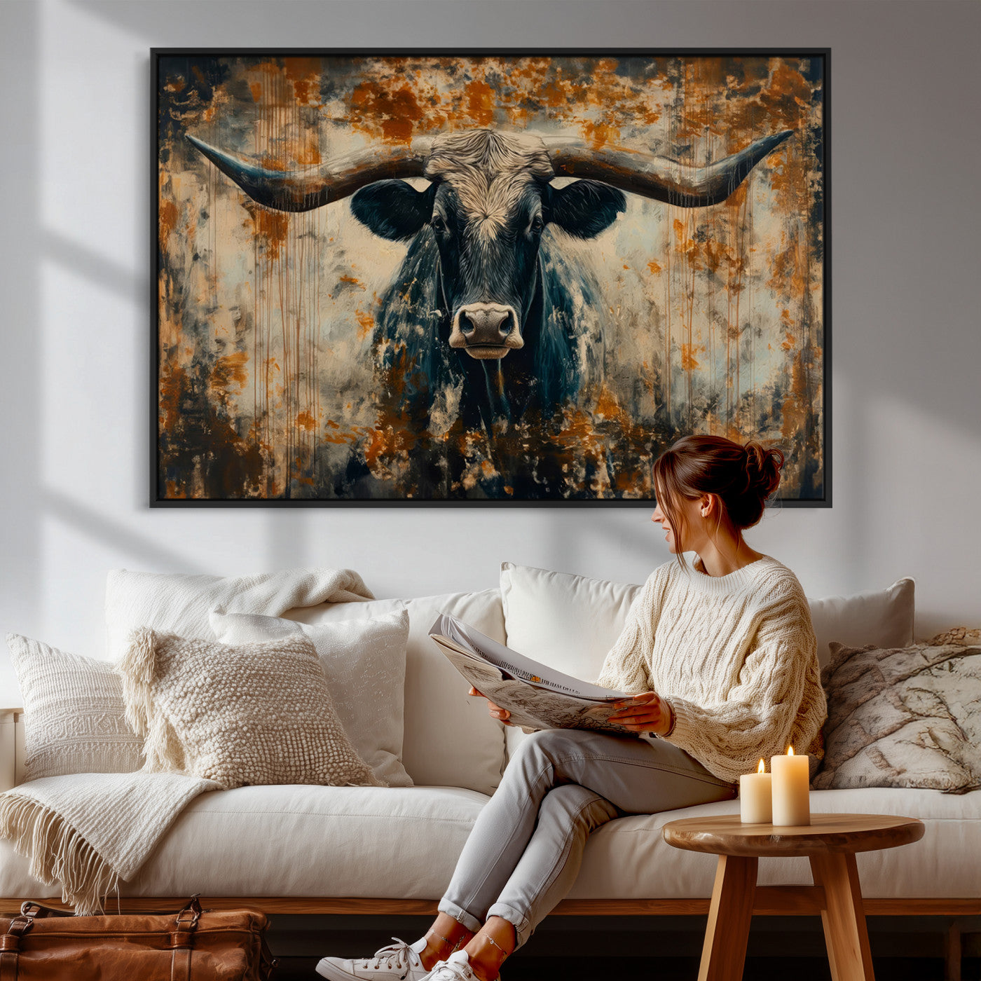 85913-MGV-CV-36X24 - Abstract Longhorn Bull Wall Art | Rustic Western Wall Decor | Framed and Ready to Hang | Ideal for
