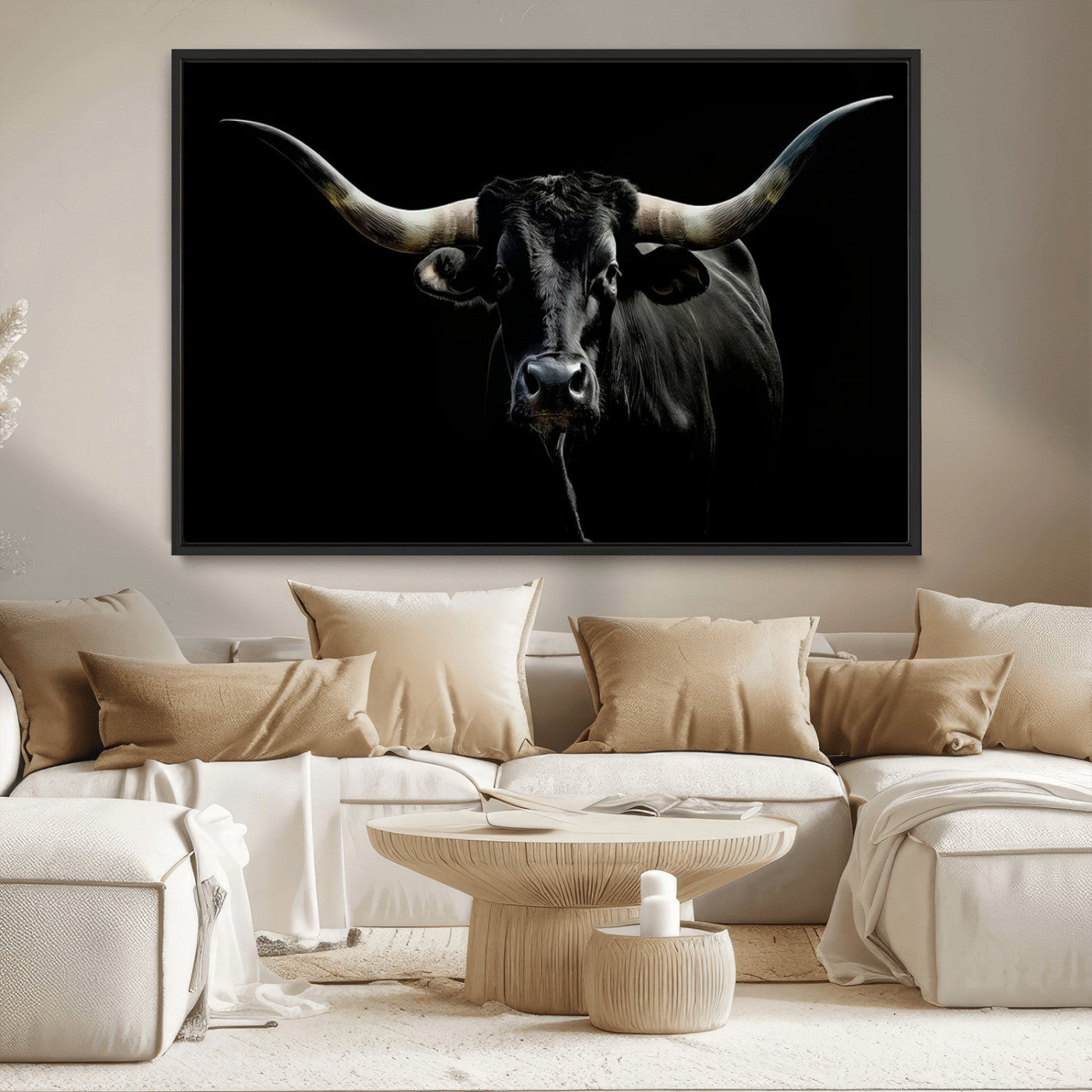 20679-MGV-CV-36X24-Texas Black Longhorn Bull Wall Art Canvas Print - Western Texas Cattle Rustic Decor Print - Longhorn