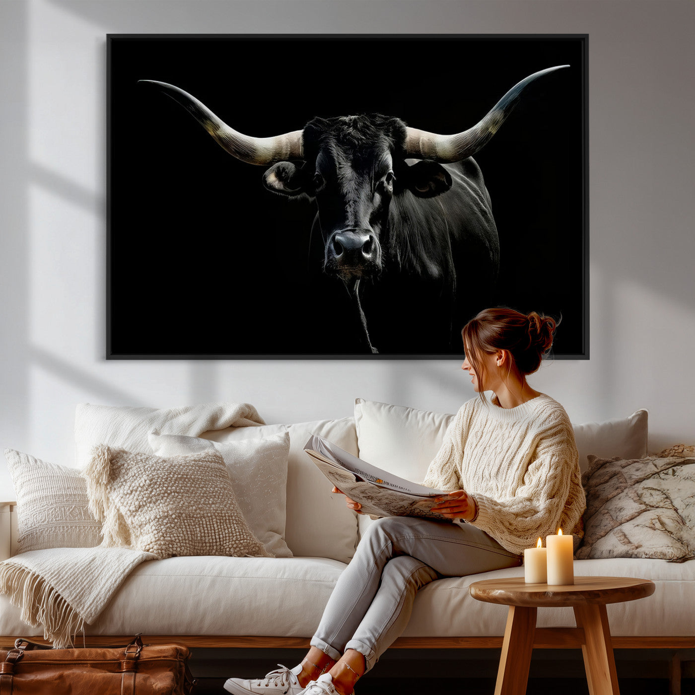 20679-MGV-CV-36X24 - Texas Black Longhorn Bull Wall Art Canvas Print - Western Texas Cattle Rustic Decor Print - Longhorn