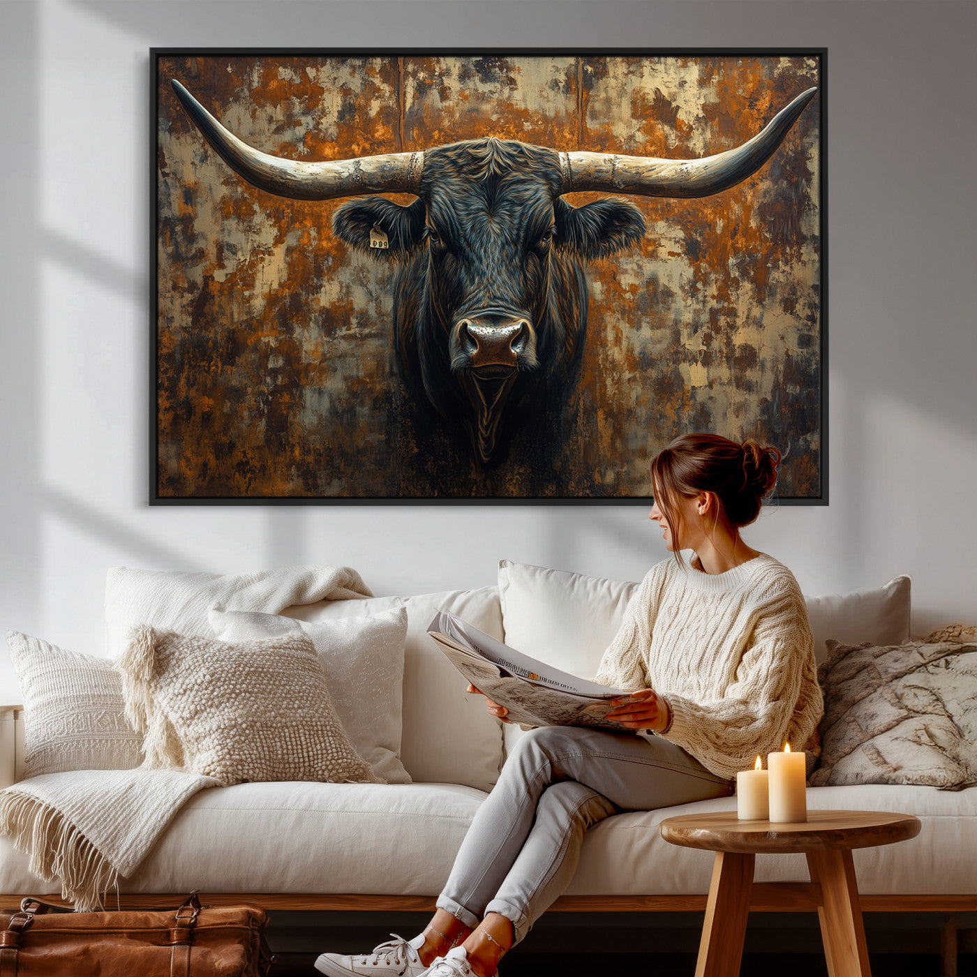 68068-MGV-CV-36X24 - Longhorn Texas Cow Bull Wall Art | Rustic Farmhouse Canvas Print | Ready to Hang Barn Decor for
