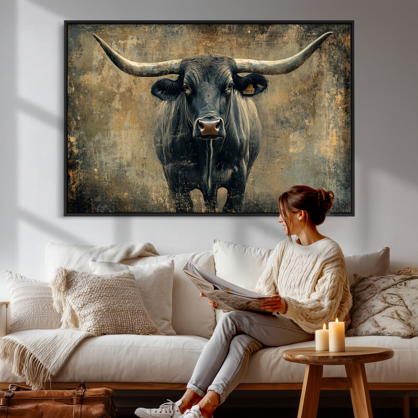 57385-MGV-CV-36X24 - Longhorn Bull Wall Art Canvas Print, Framed Rustic Cow Art Picture Print, Texas Longhorn Perfect Western Decor Artwork