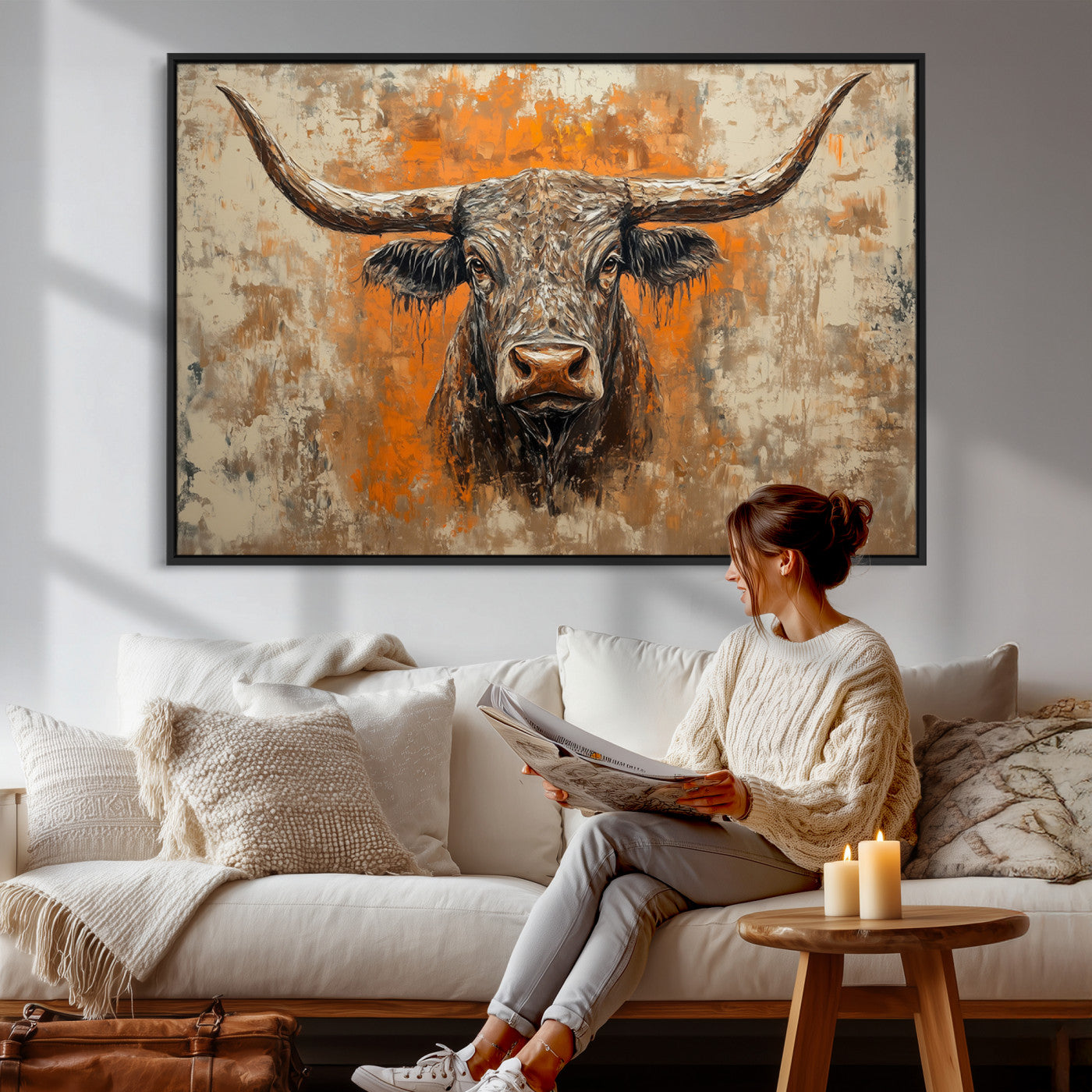 49976-MGV-CV-36X24 - Abstract Cow Longhorn Bull Wall Art Canvas Print - Rustic Texas Western Cattle Artwork