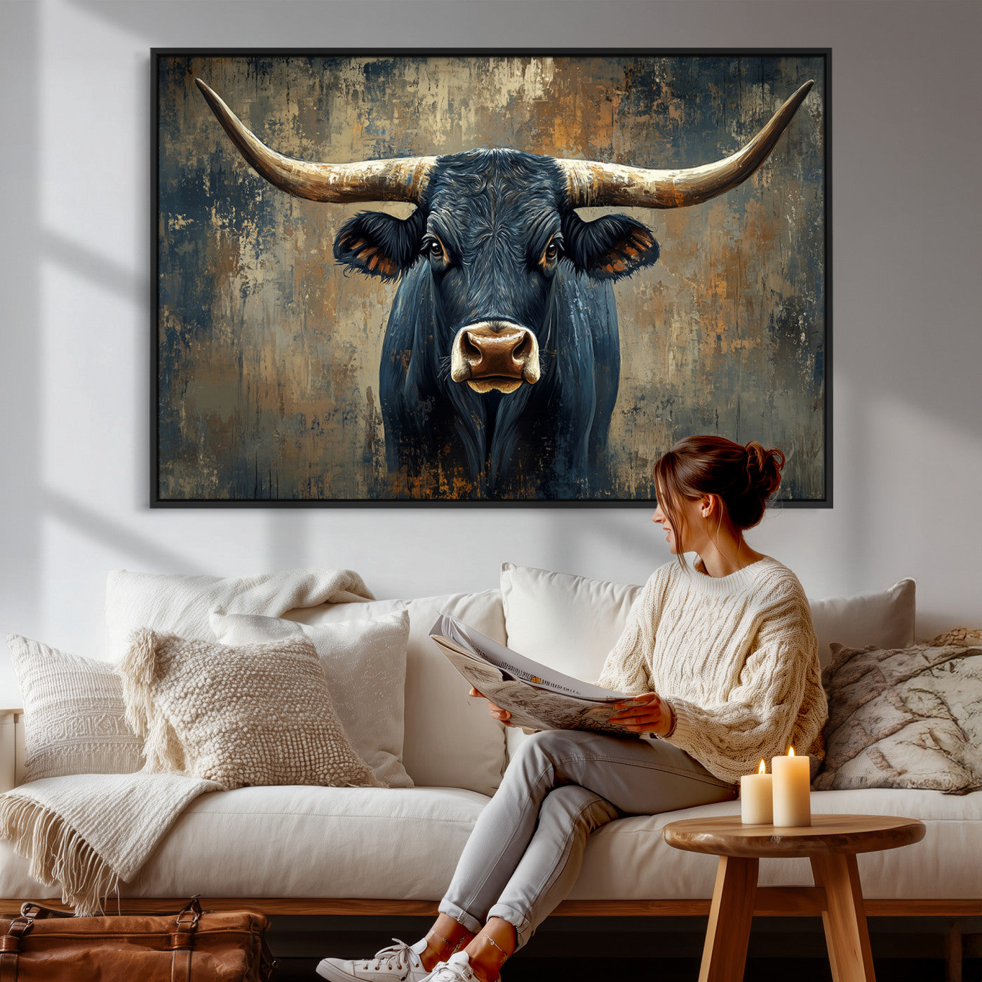 42026-MGV-CV-36X24 - Texas Western Wall Art Canvas Print - Abstract Cow Longhorn Bull Wall Art Canvas Print - Rustic Cow