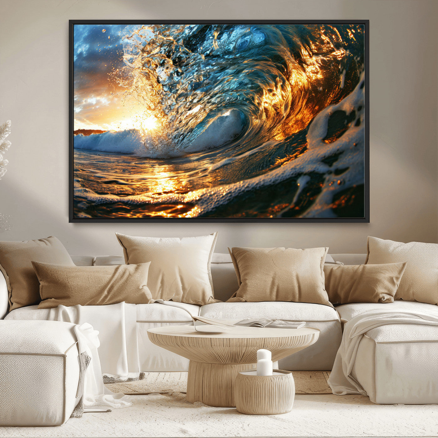 41370-MGV-CV-36X24-Ocean Wave at Sunset Canvas Wall Art – Vibrant Coastal Beach Waves Print, Large Nautical Decor,