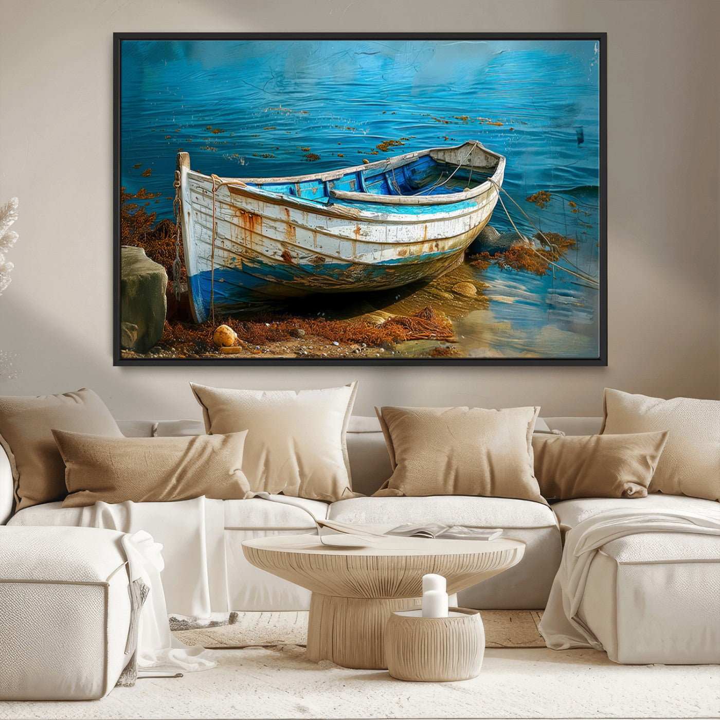 54716-MGV-CV-36X24-Vintage Boat on Tranquil Waters | Coastal Wall Art for Nautical Decor | Rustic Triptych Canvas Print