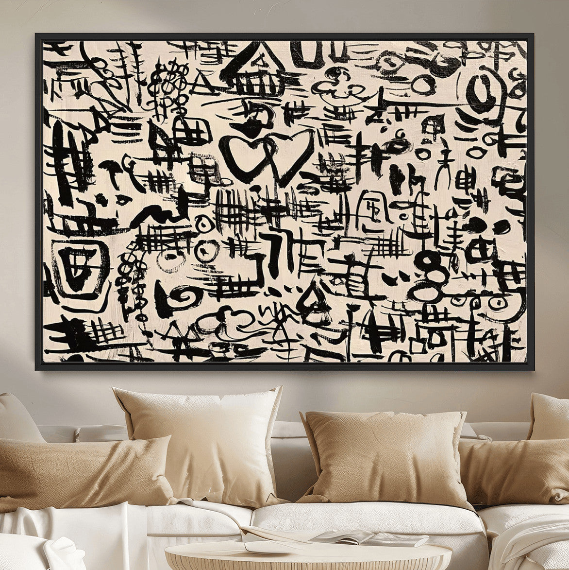 68273-MGV-FC-36X24 - Abstract Love and Chaos Canvas Print, Black Symbols on Beige