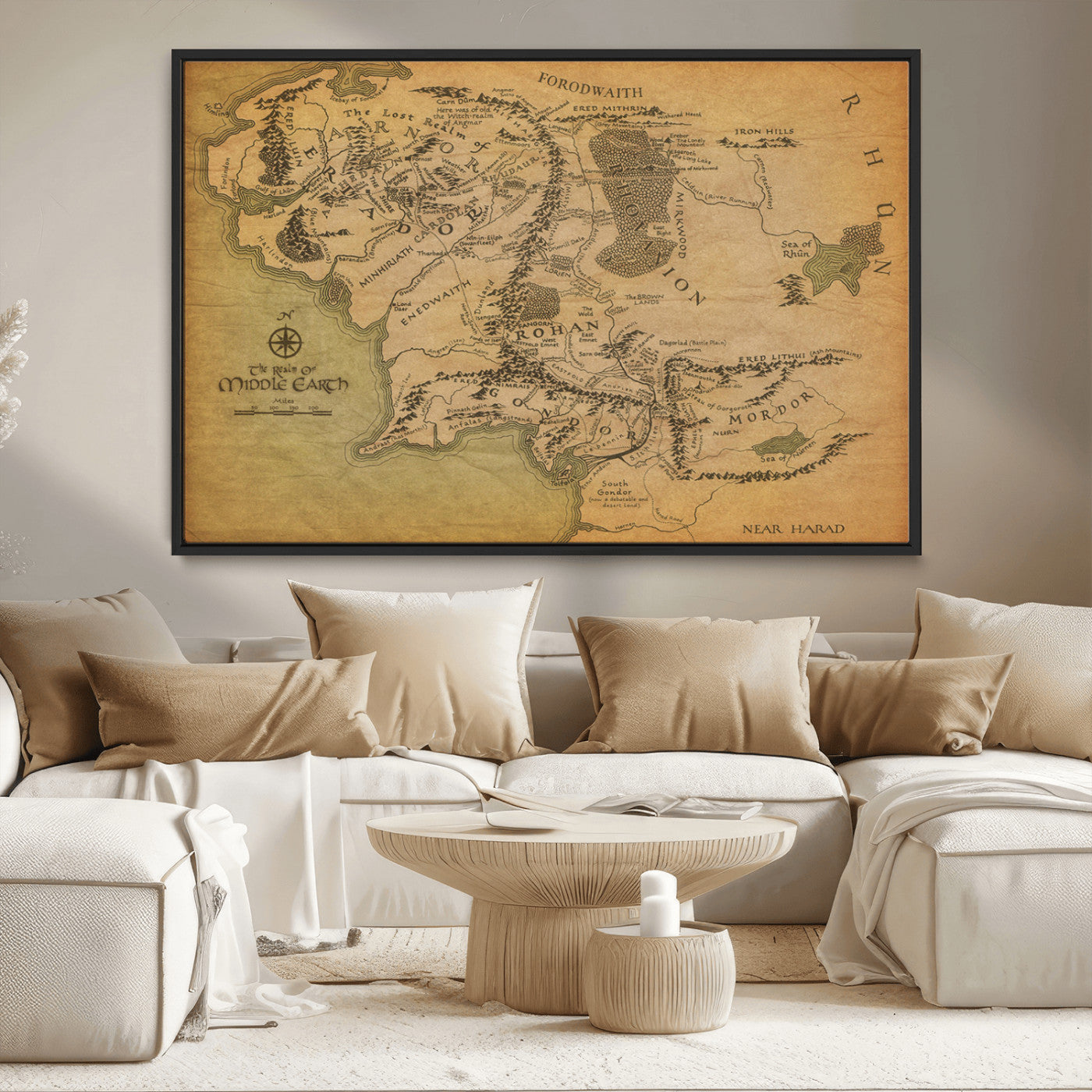65656565-MGV-CV-36X24-Middle Earth Map Canvas Wall Art – Vintage Fantasy Map Print, Decor for Home Library or Office