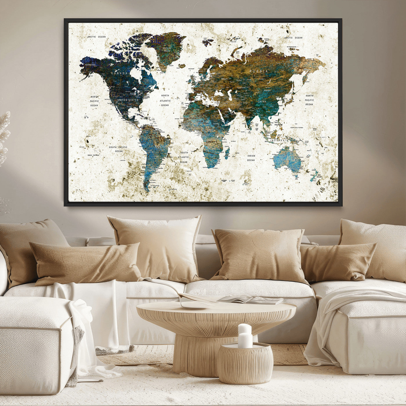 89176-MGV-FC-36X24_Black-Vintage Blue and Brown World Map Canvas Wall Art – Framed Rustic Map Print, Earth Tone Travel Decor for Stylish Home and Office Walls