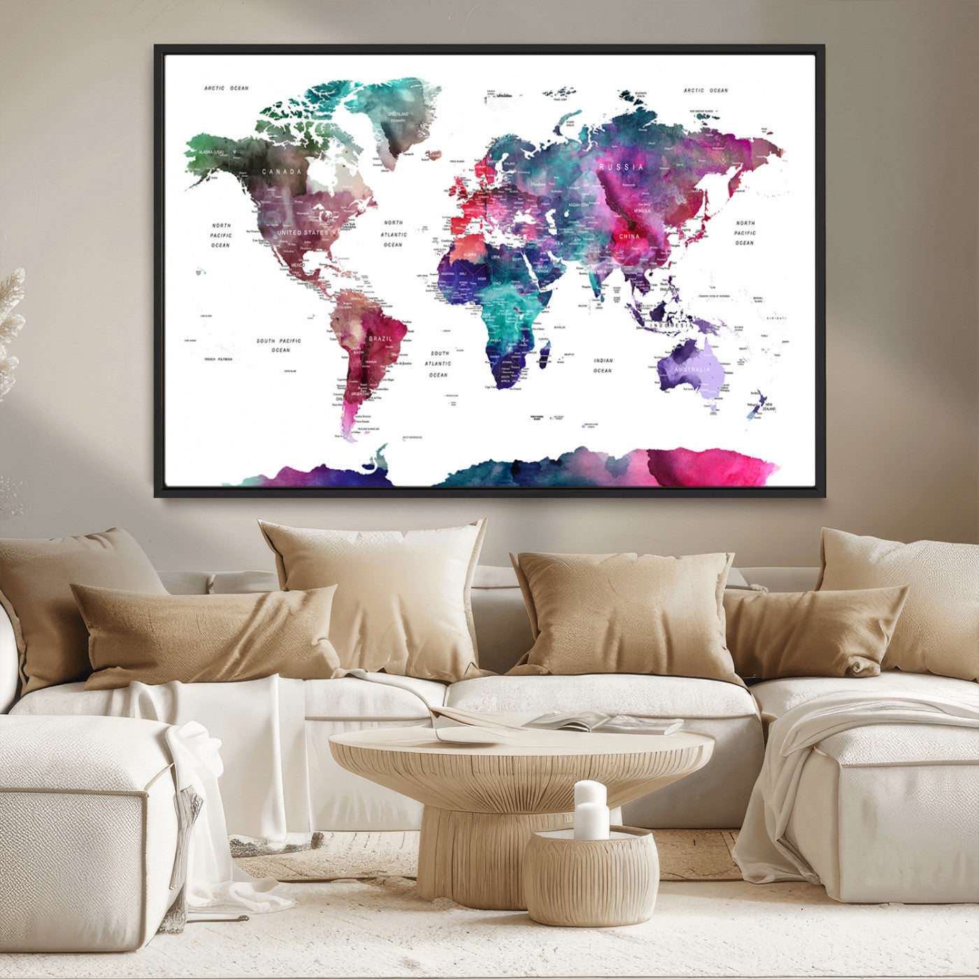 78176-MGV-CV-36X24-Colorful Watercolor World Map Canvas Wall Art – Framed Modern Map Print, Vibrant Travel Inspired Artwork for Home and Office Decor