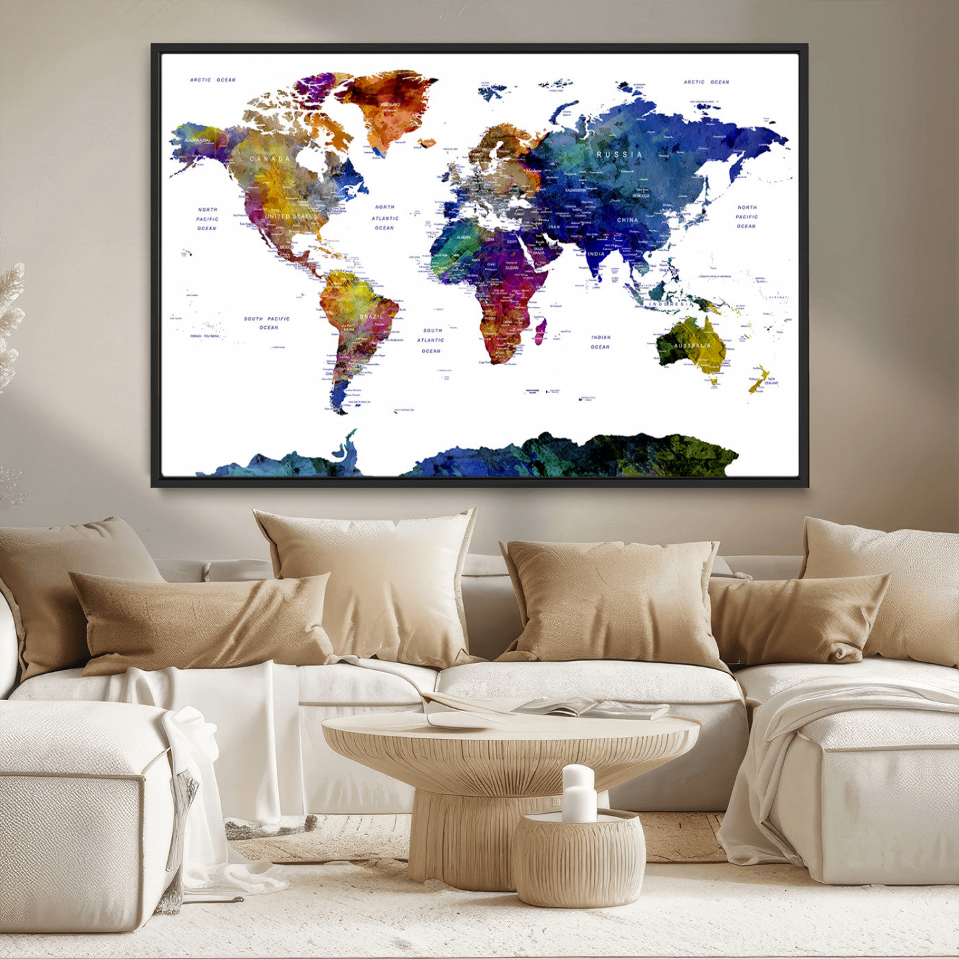 90446-MGV-CV-36X24-Colorful Watercolor World Map Canvas Wall Art – Framed Modern Push Pin Travel Map for Home and Office Decor