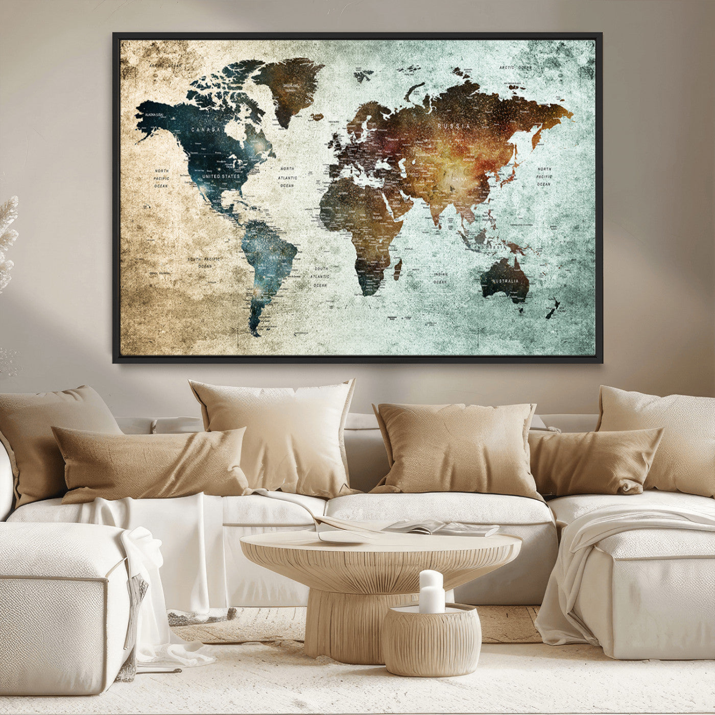 25140-MGV-CV-36X24-World Map Canvas Print – Framed Vintage Style Push Pin Wall Art, Elegant Travel Map Decor for Home or Office
