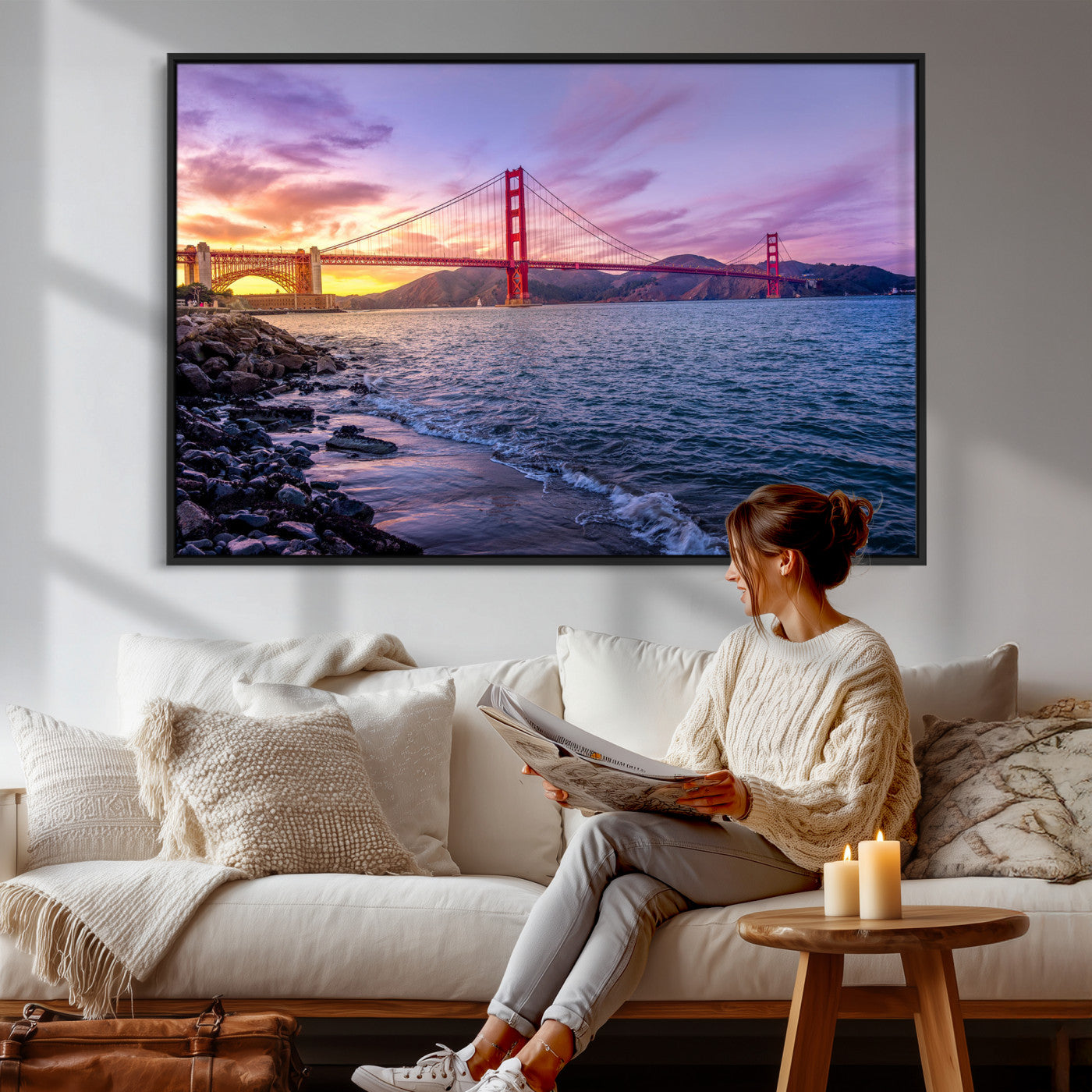 24256-MGV-CV-36X24 - Golden Gate Bridge Wall Art Print, San Francisco Sunset Canvas Wall Art, Cityscape Canvas Print for