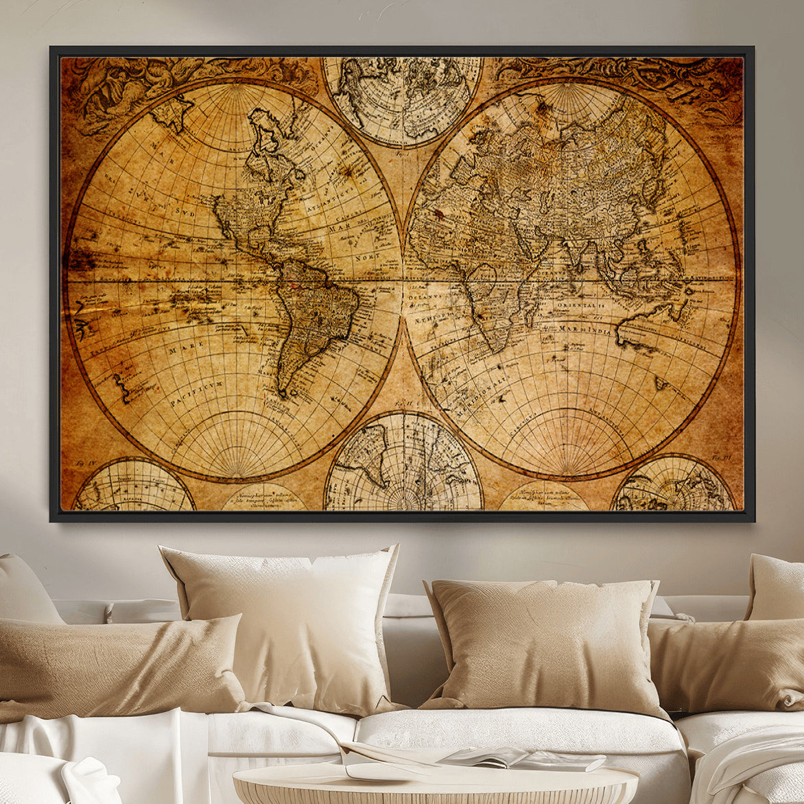 25517-MGV-FC-36X24 - Vintage World Map Canvas Print – Antique Push Pin Travel Map, Framed Wall Art for Home or Office Decor