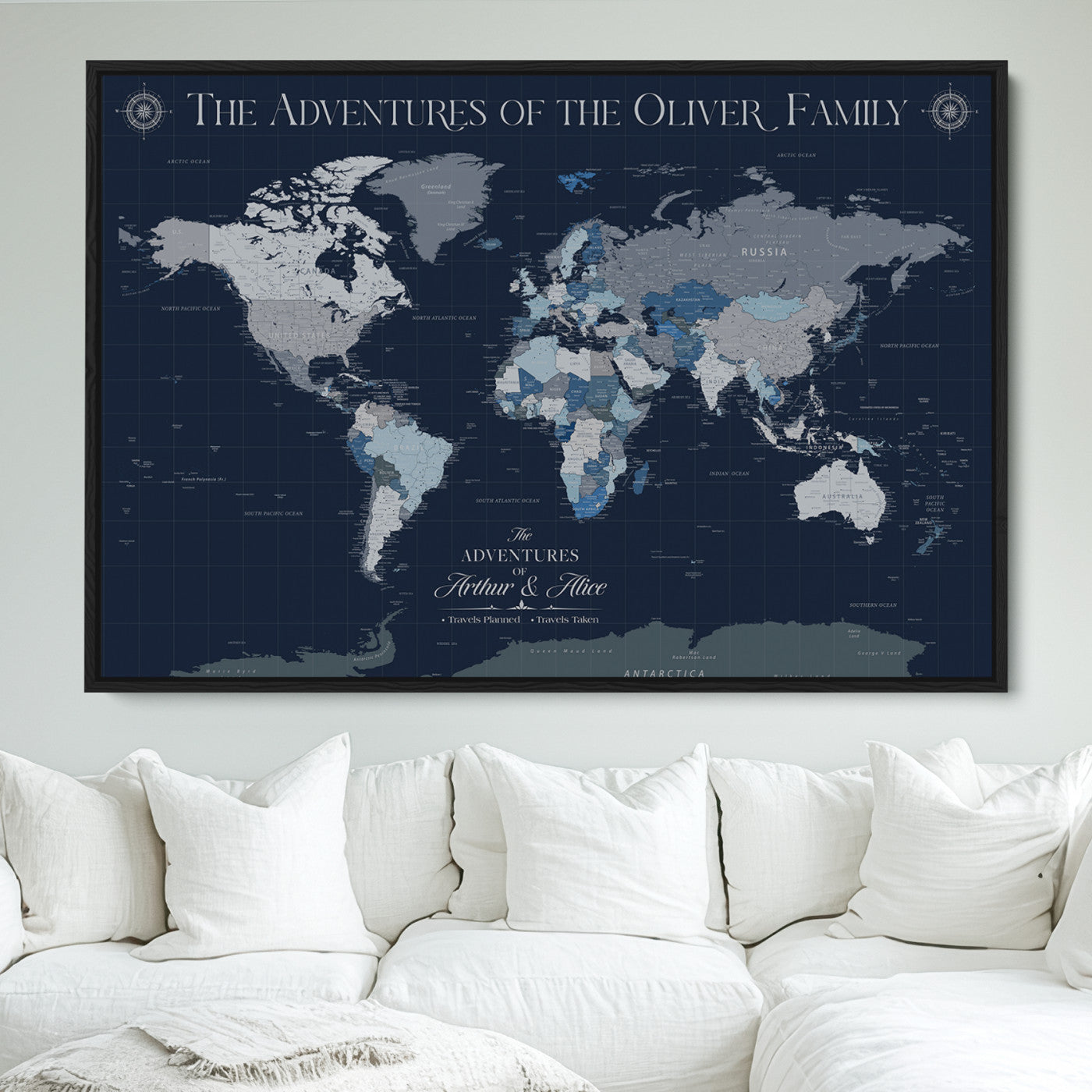 -Personalized Family Adventure World Map – Custom Framed Push Pin Travel Tracker Canvas, Elegant Wall Art for Home, Office