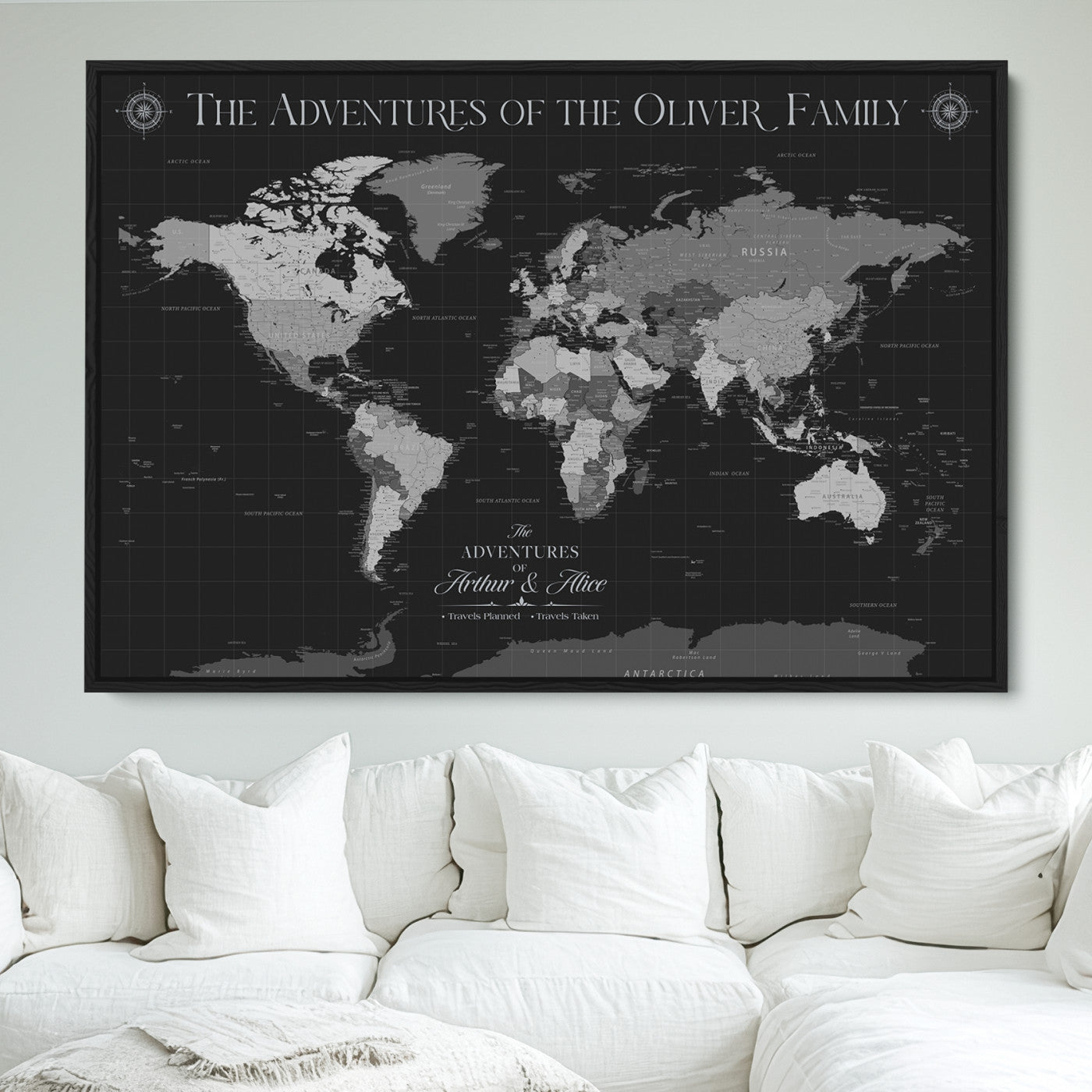 -Personalized Family World Map Canvas – Custom Framed Push Pin Travel Tracker, Modern Adventure Wall Art for Home, Office