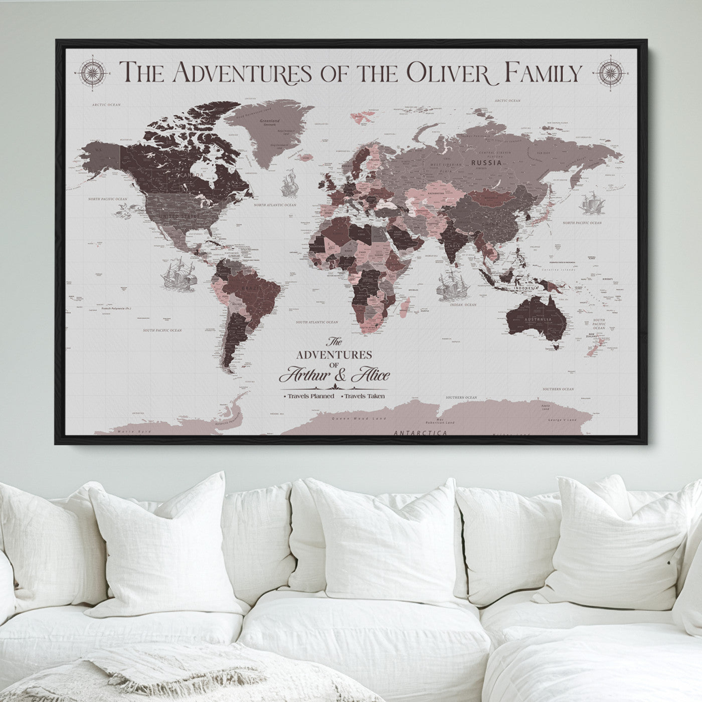 -Personalized Family Travel Map Canvas – Custom Framed Push Pin World Map, Unique Adventure Tracker Wall Art for Home, Office
