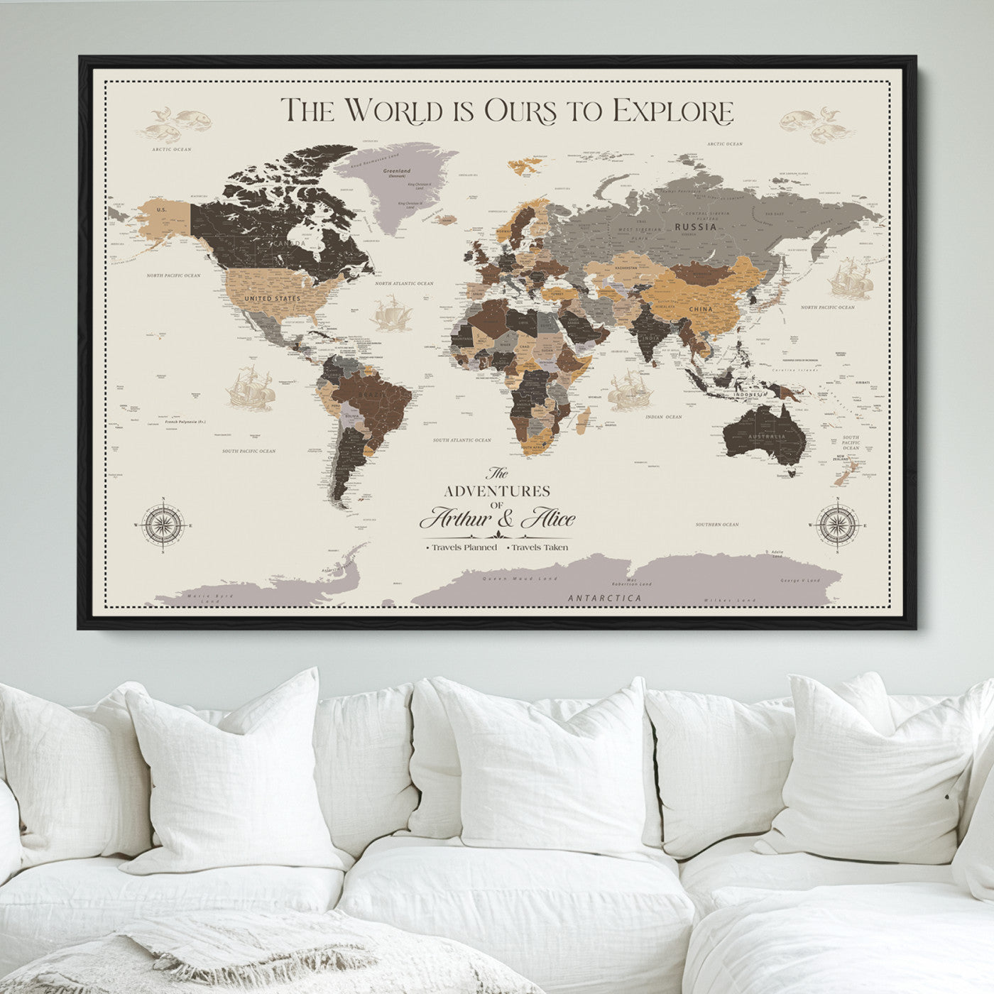 -Personalized World Map Canvas Custom Framed Push Pin Travel Tracker Contemporary Wall Art Gift Couples Explorers Home Office