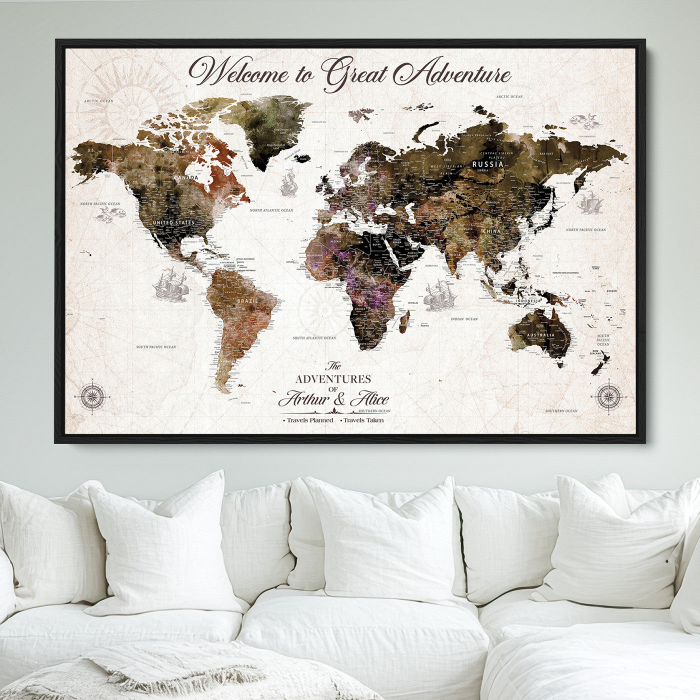 -Personalized World Map Canvas Custom Framed Push Pin Travel Tracker Vintage Adventure Wall Art Gift Couples Travelers Home, Office