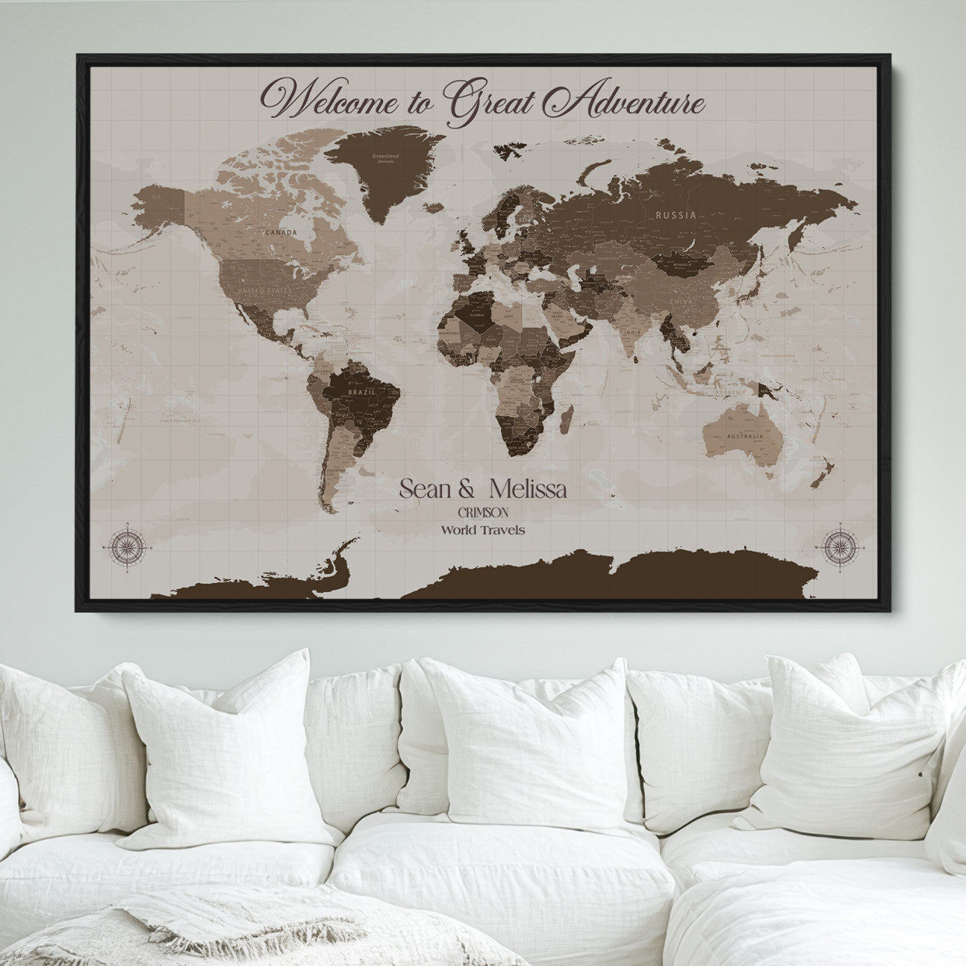 -Personalized World Map Canvas Custom Framed Push Pin Travel Tracker Modern Minimalist Wall Art Gift Couples for Home, Office