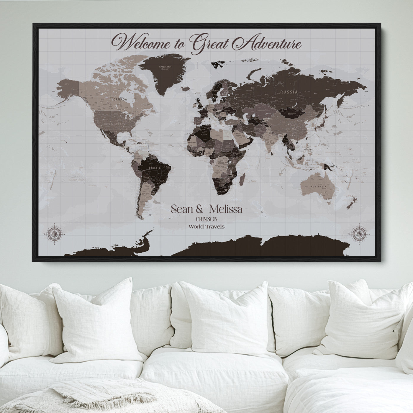 -Personalized Gray Brown World Map Canvas Custom Framed Push Pin Travel Tracker Modern Neutral Wall Art Gift Couples for Home, Office