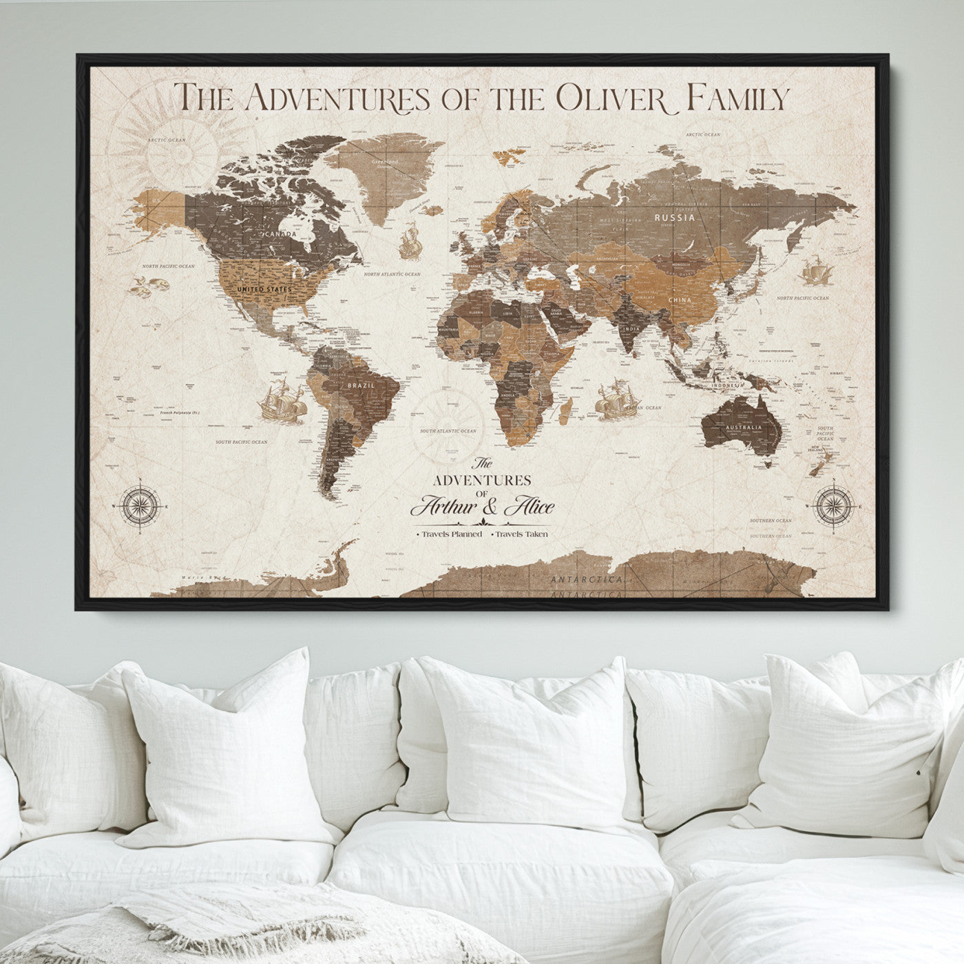 84483613-MGV-FC-36X24_Black-Personalized Push Pin World Map Canvas Print Custom Family Travel Tracker Map Framed Adventure Gift for Couples Home Office