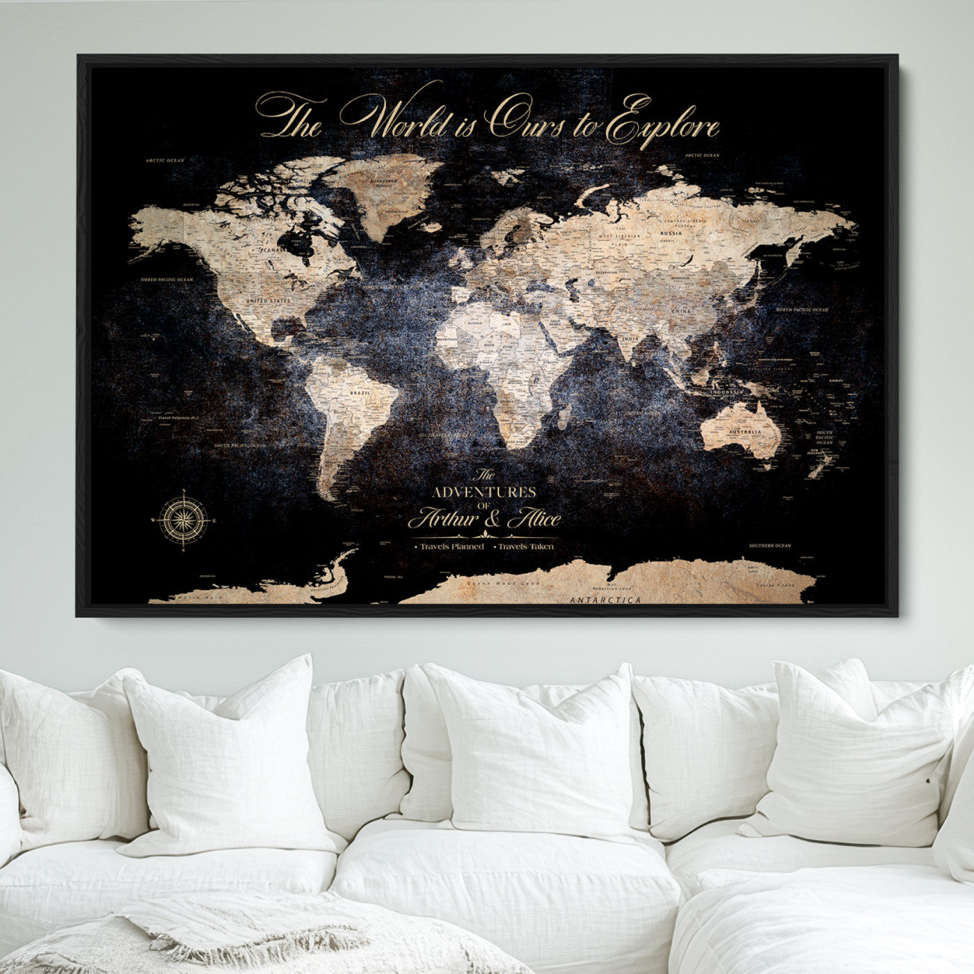 -Personalized Push Pin World Map Canvas Print Framed Custom Travel Tracker with 100 Pins Artwork for Home, Office