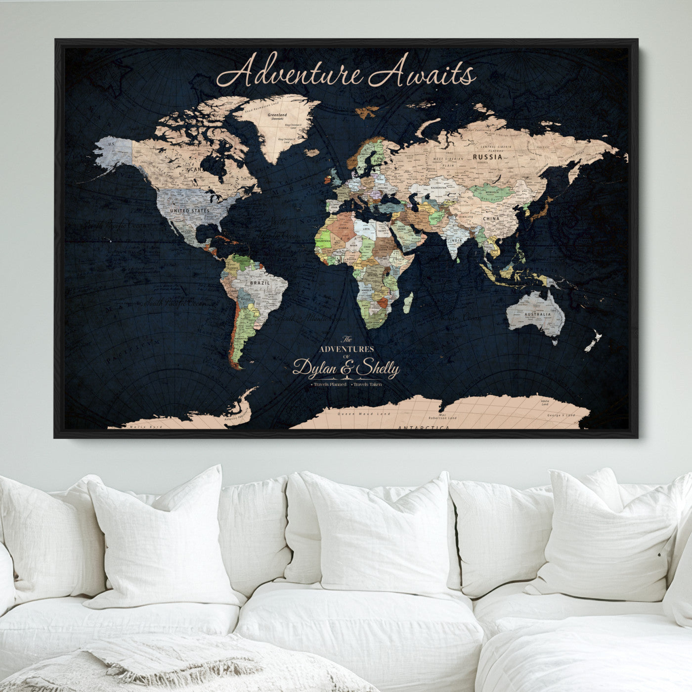 Rehber01-MGV-CV-36X24-Personalized World Map Canvas Print – Framed Push Pin Travel Wall Art for Couples – Adventure & Anniversary Gift