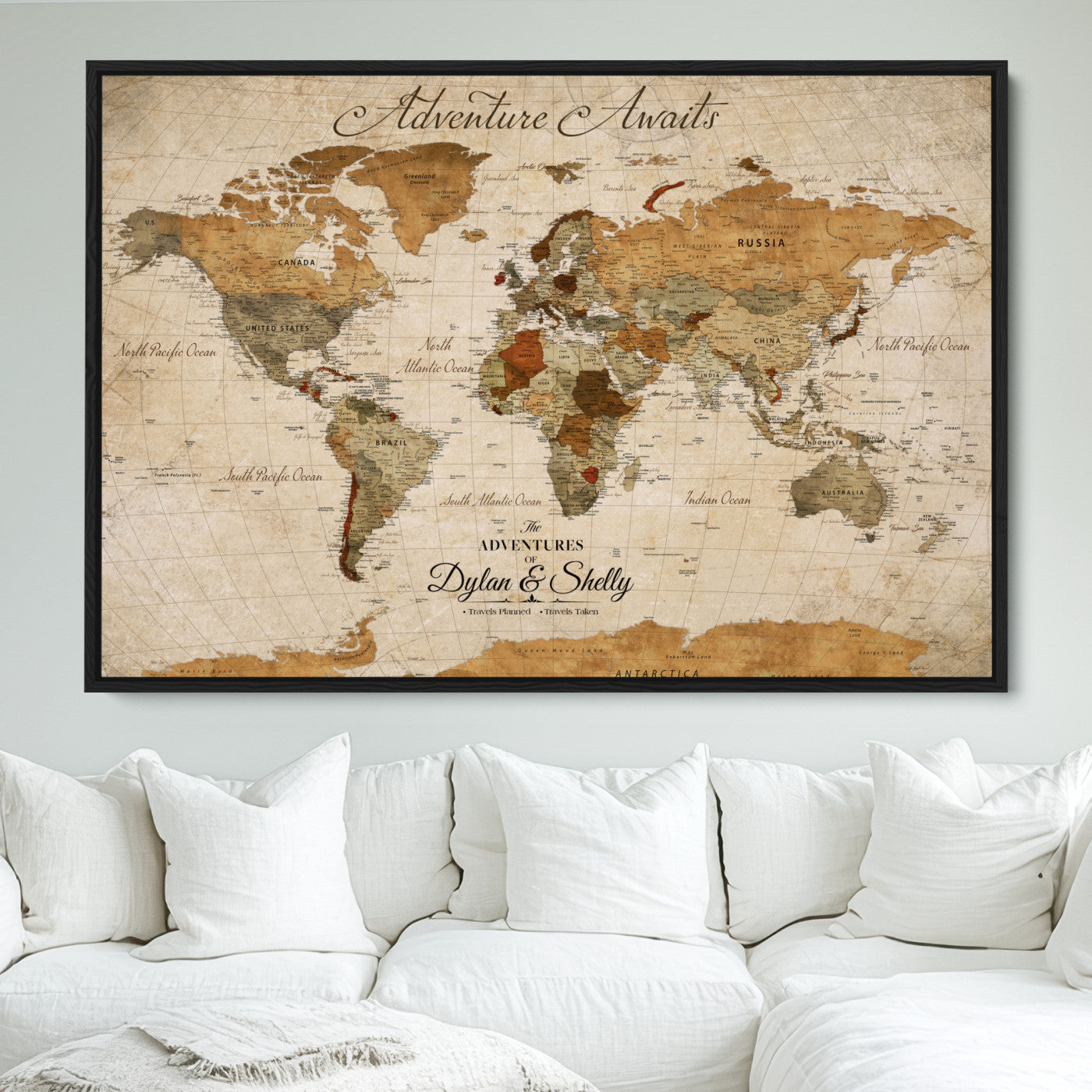 -Personalized Push Pin World Map Canvas Print – Custom Adventure Travel Map, Framed Wall Art Gift for Couples or Family
