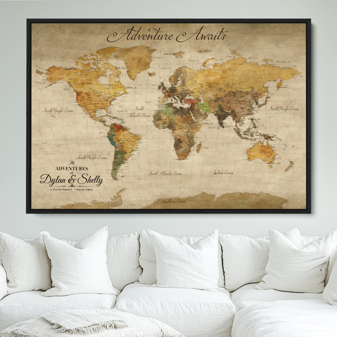 50298017-MGV-FC-36X24_Black-Personalized World Map Canvas – Custom Framed Push Pin Travel Map Wall Art, Vintage Style Gift for Couples and Travelers