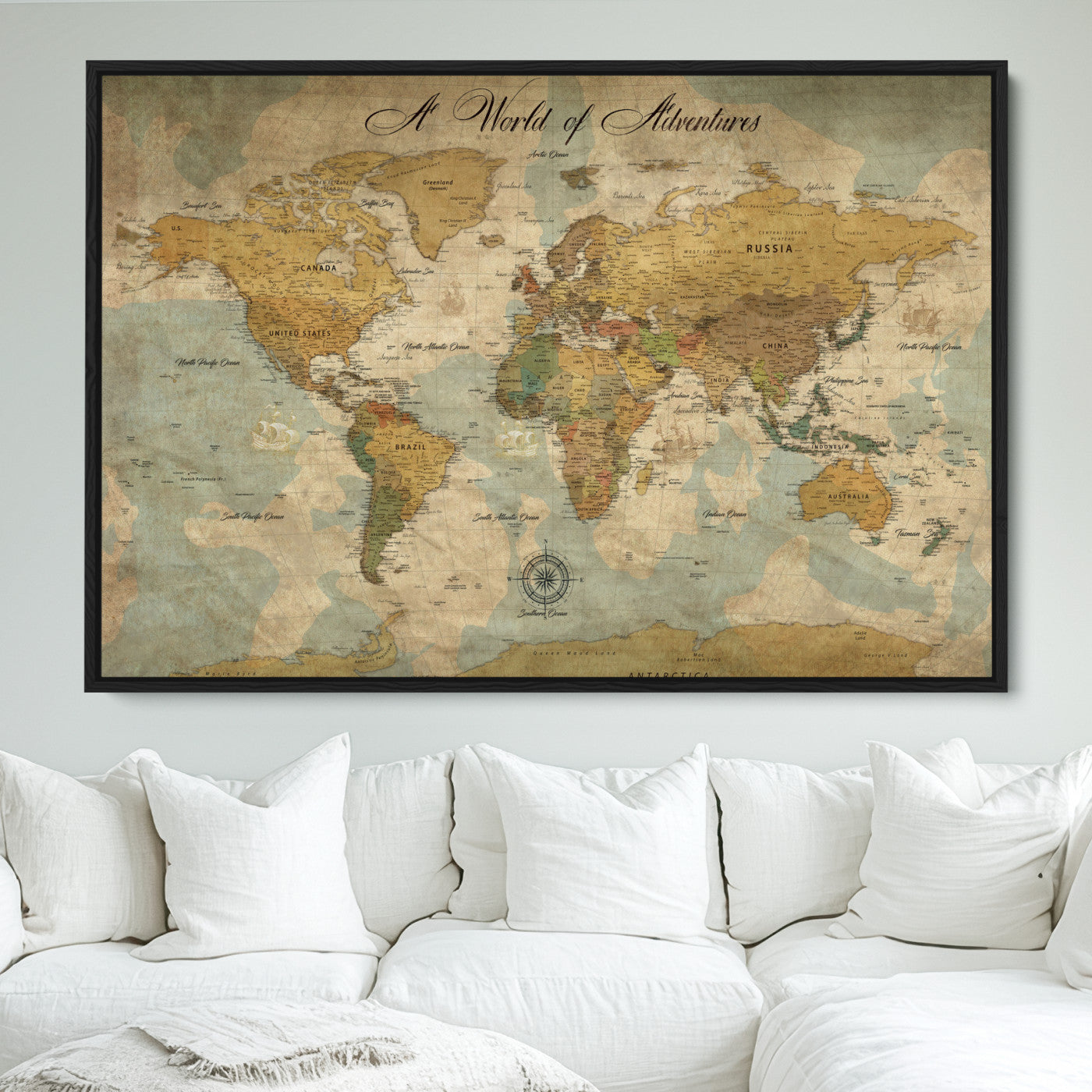 Rehber01-MGV-CV-36X24-Personalized World Map Canvas – Custom Framed Push Pin Travel Map Wall Art, Vintage Style Gift for Couples or Families