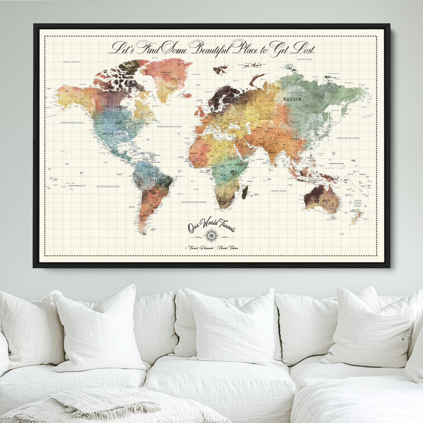 -Personalized Push Pin World Map Canvas Print – Custom Adventure Travel Tracker Map, Framed Wall Art Gift for Couples or Family