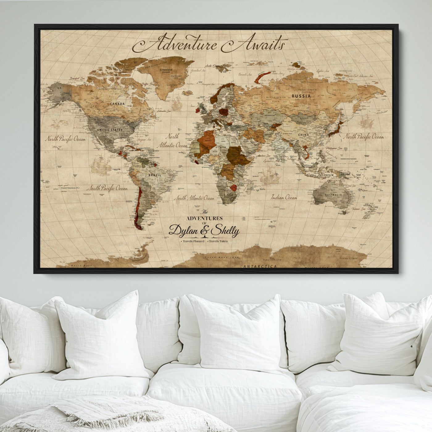 Rehber01-MGV-CV-36X24-Personalized World Map Canvas – Custom Framed Push Pin Travel Map Wall Art with Names, Vintage Style Gift for Couples