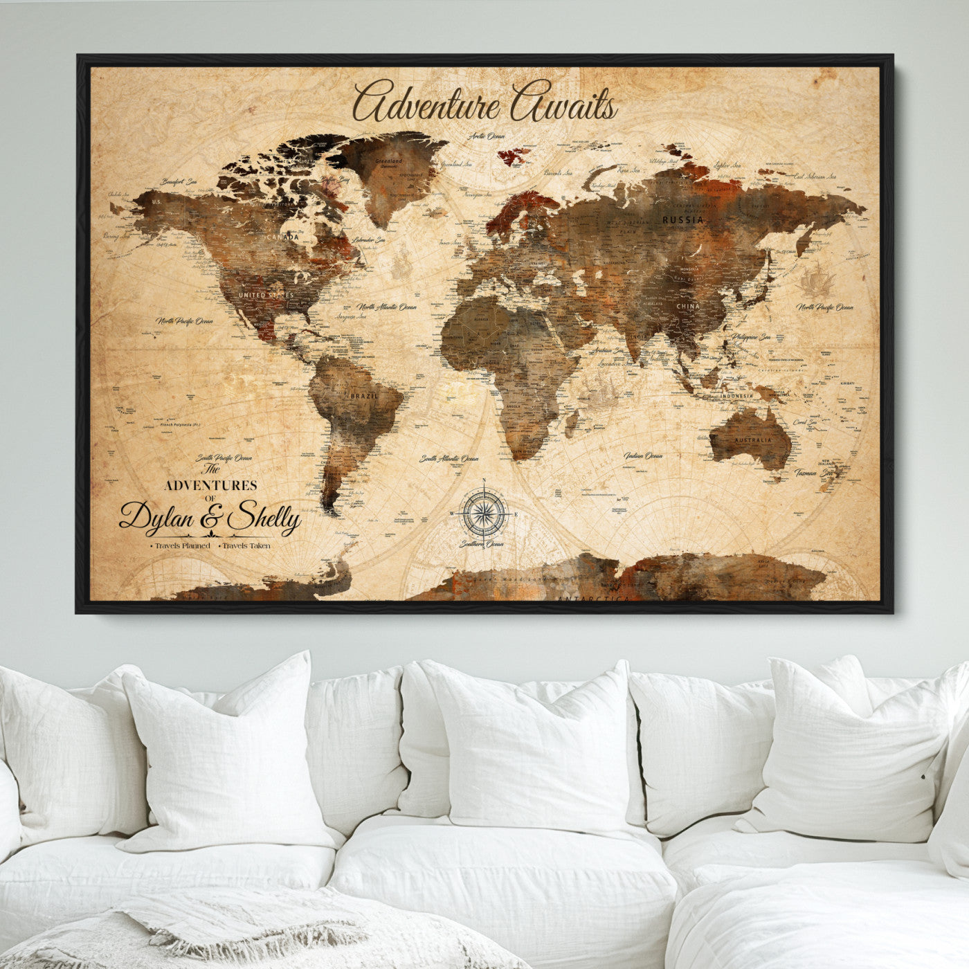 Rehber01-MGV-CV-36X24-Personalized World Map Canvas Wall Art – Custom Framed Push Pin Travel Tracker Print, Unique Gift for Home or Office Decor